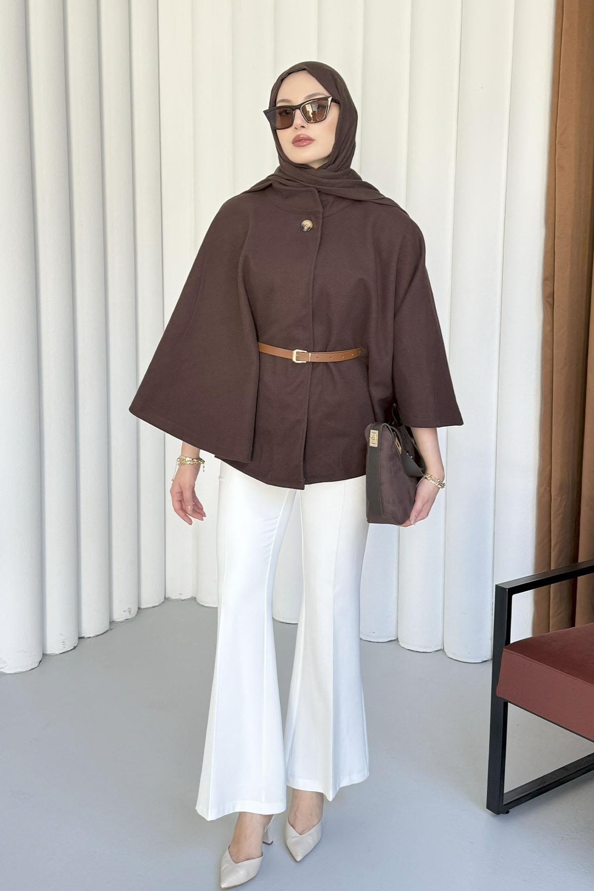 Kemer Detaylı Kaşmir Kumaş Panço-KAHVERENGİ