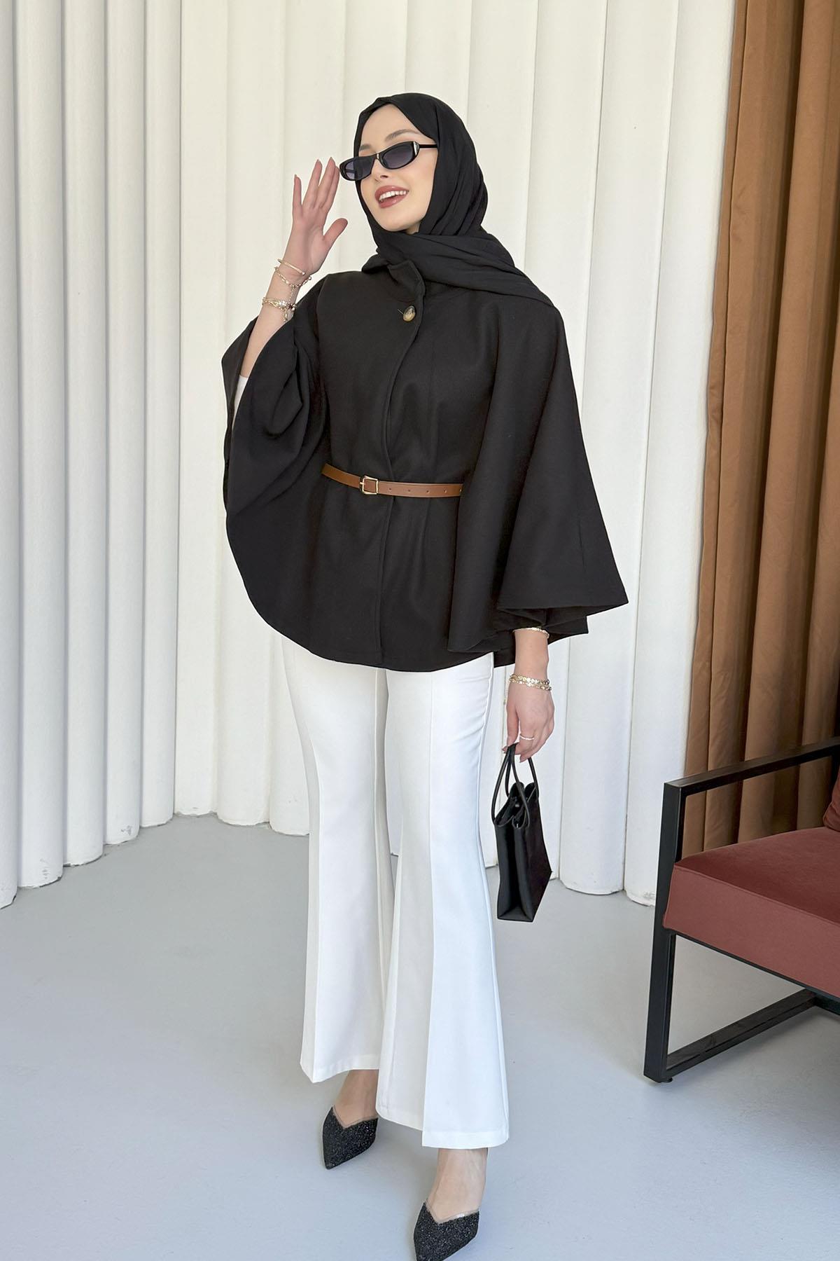 Kemer Detaylı Kaşmir Kumaş Panço-SİYAH