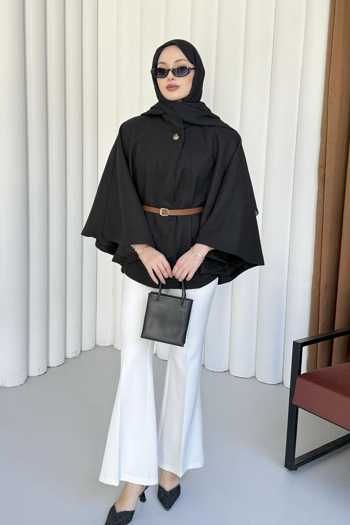 Kemer Detaylı Kaşmir Kumaş Panço-SİYAH