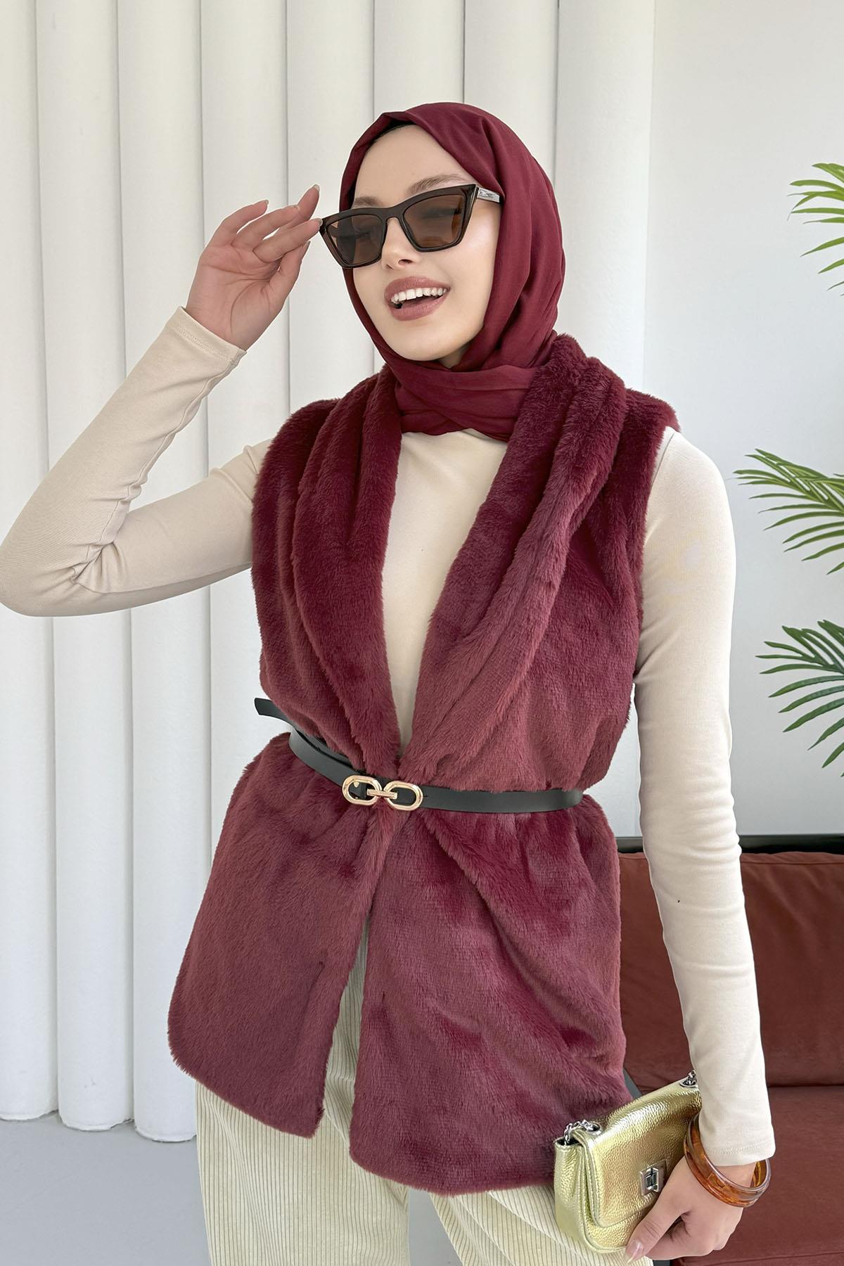 Kemer Detaylı Kürk Yelek-BORDO