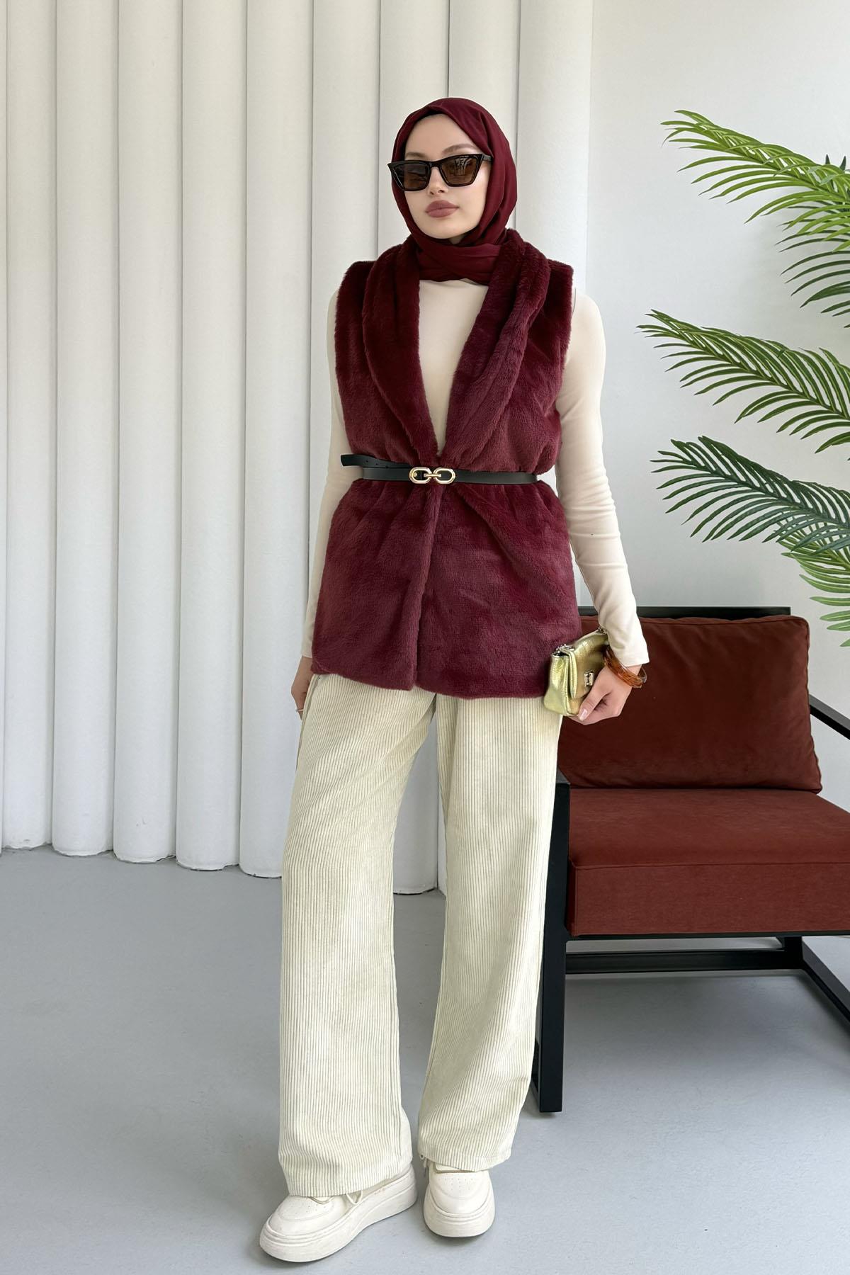 Kemer Detaylı Kürk Yelek-BORDO