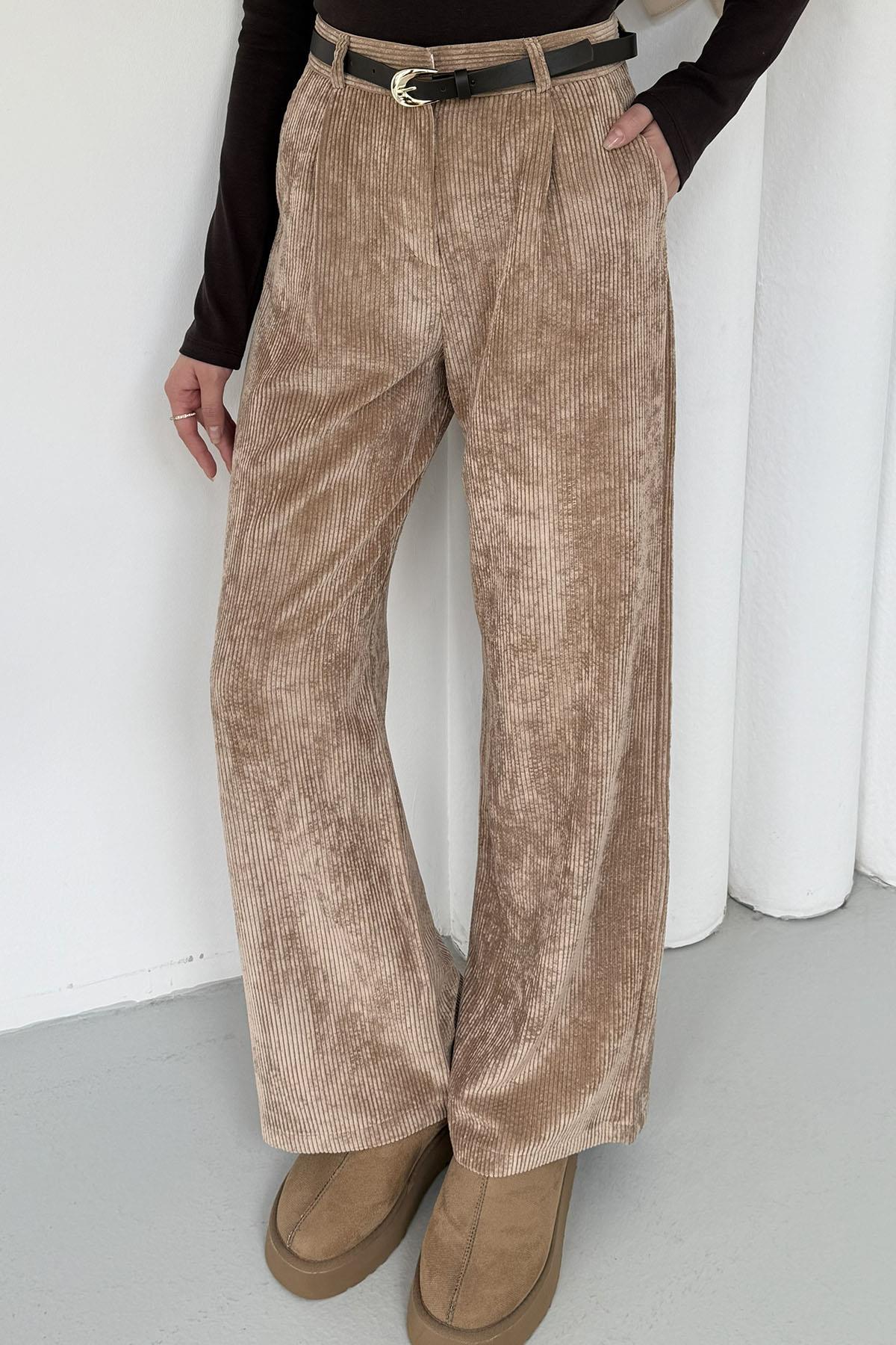 Kemerli Fitilli Kadife Bol Paça Pantolon-CAMEL