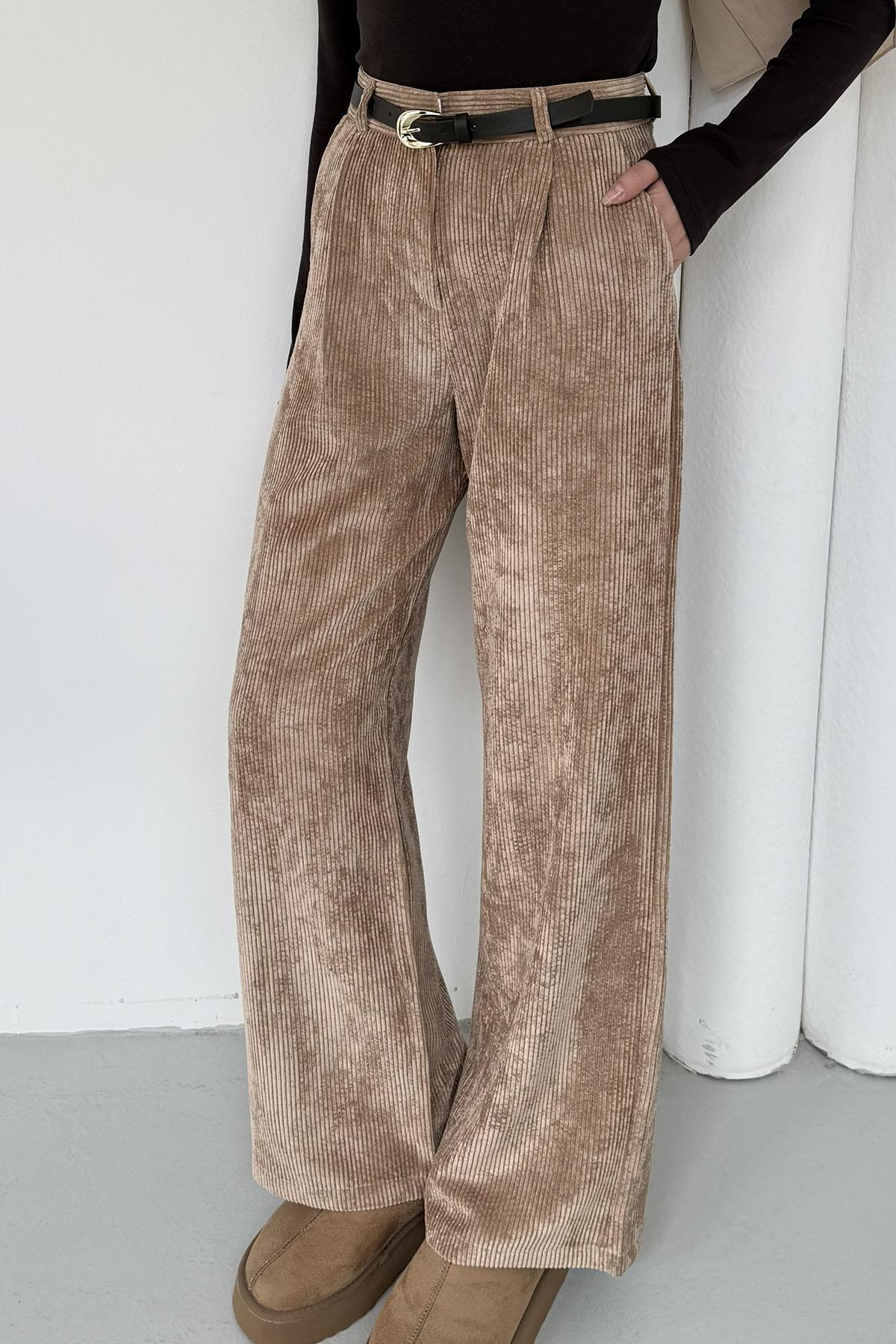 Kemerli Fitilli Kadife Bol Paça Pantolon-CAMEL