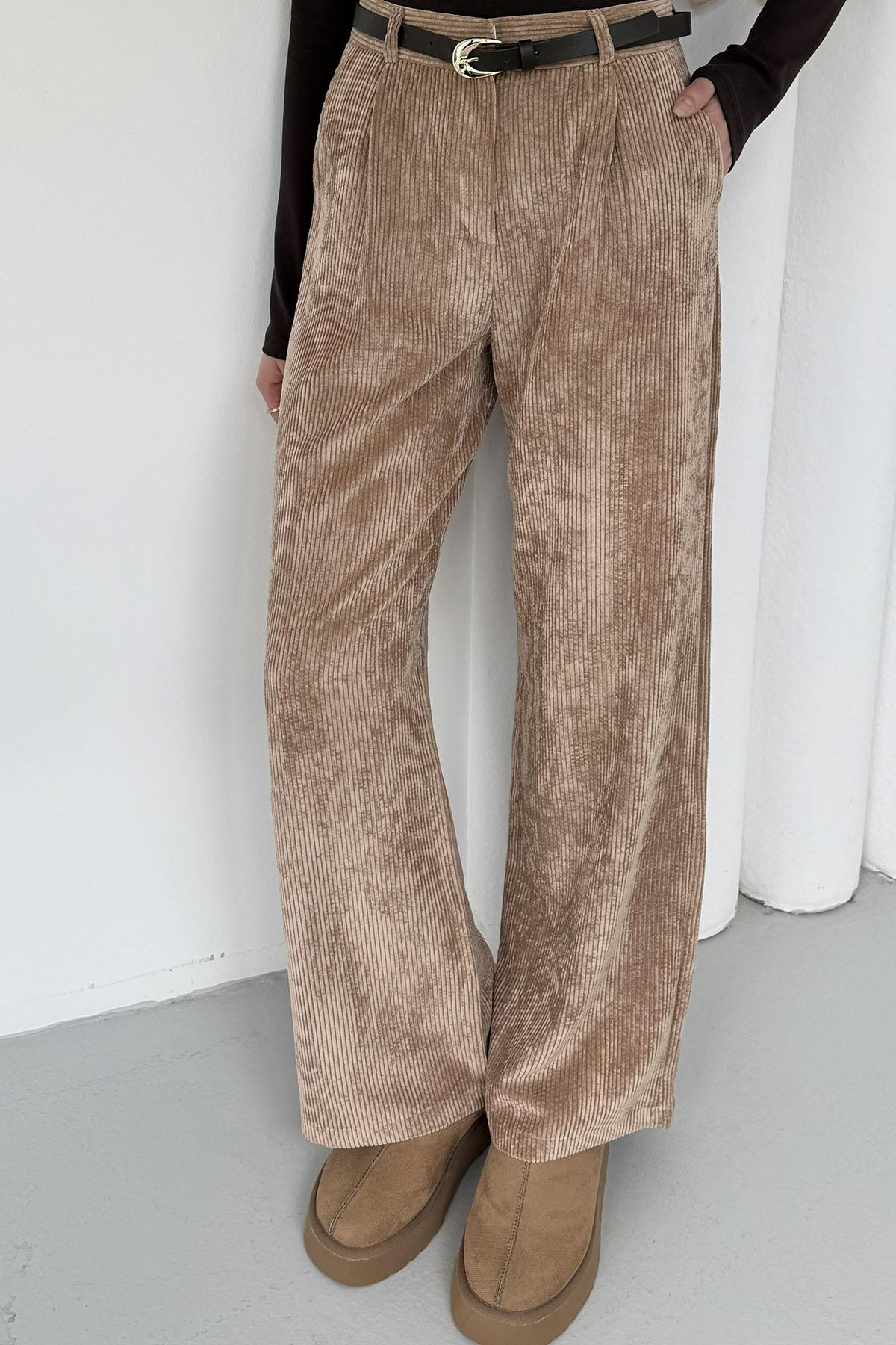 Kemerli Fitilli Kadife Bol Paça Pantolon-CAMEL