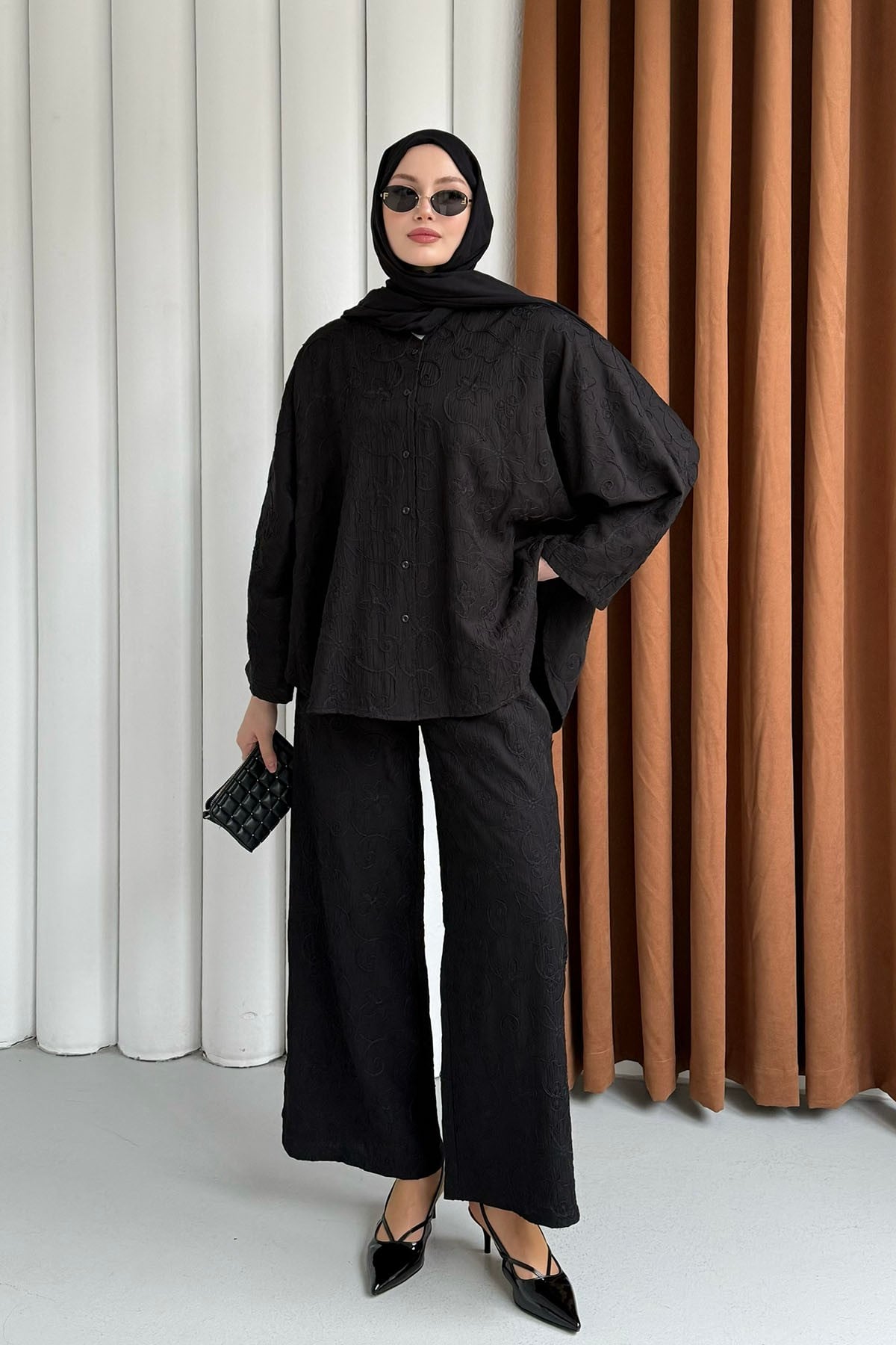 Kendinden Desenli Bel Lastikli Pantolon Tesettür Takım-SİYAH