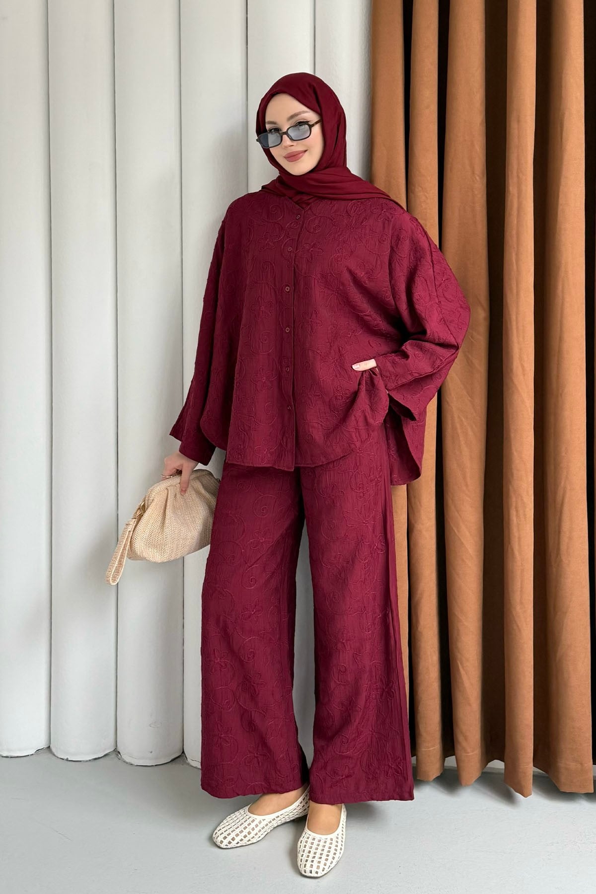Kendinden Desenli Bel Lastikli Pantolon Tesettür Takım-BORDO
