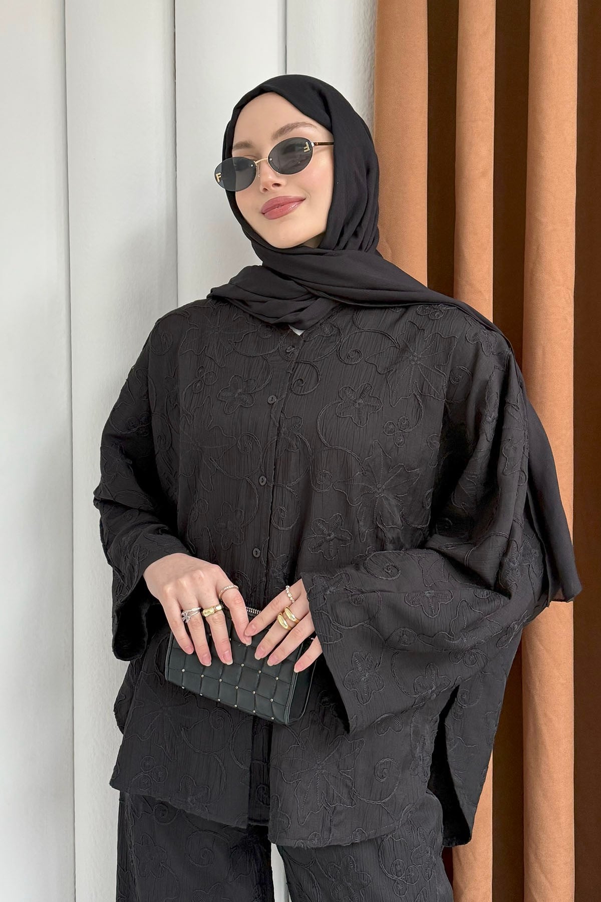 Kendinden Desenli Bel Lastikli Pantolon Tesettür Takım-SİYAH