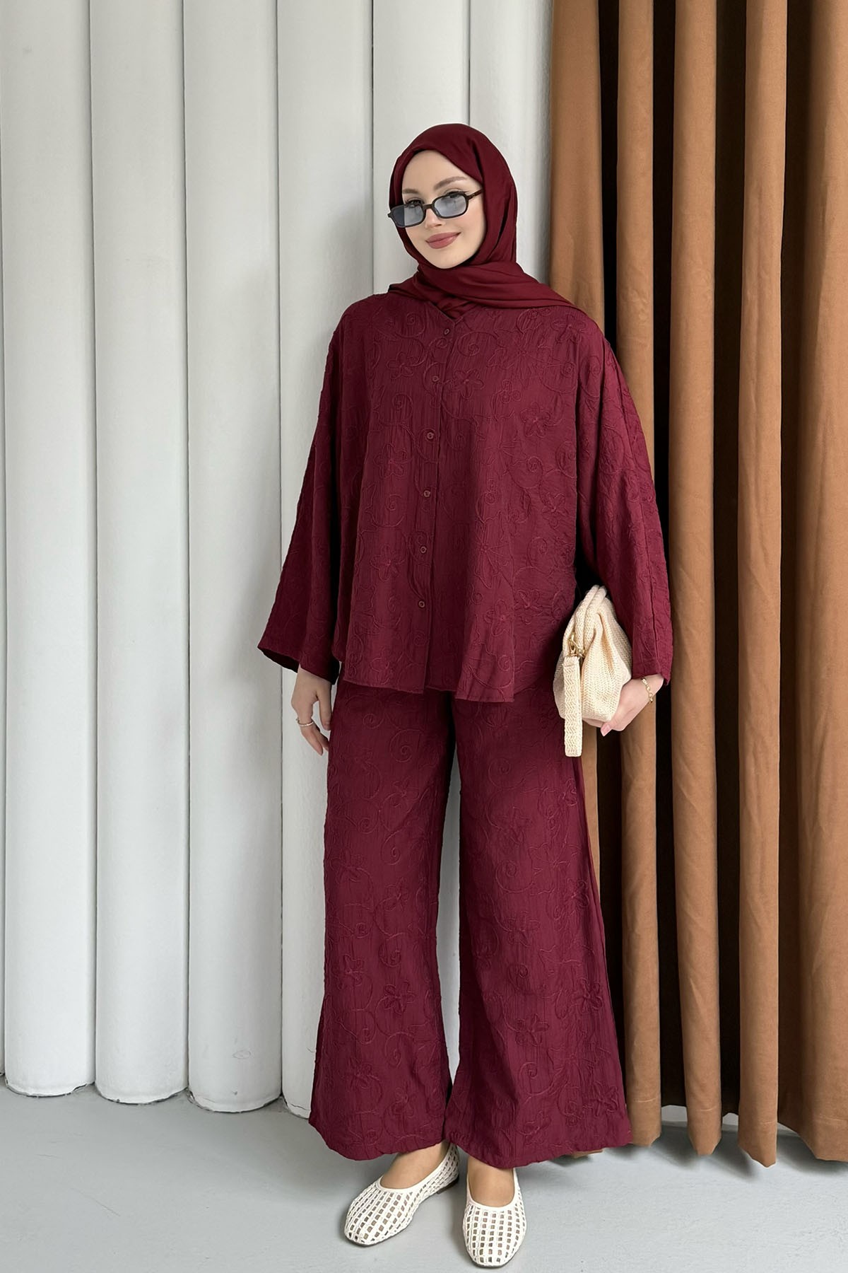 Kendinden Desenli Bel Lastikli Pantolon Tesettür Takım-BORDO