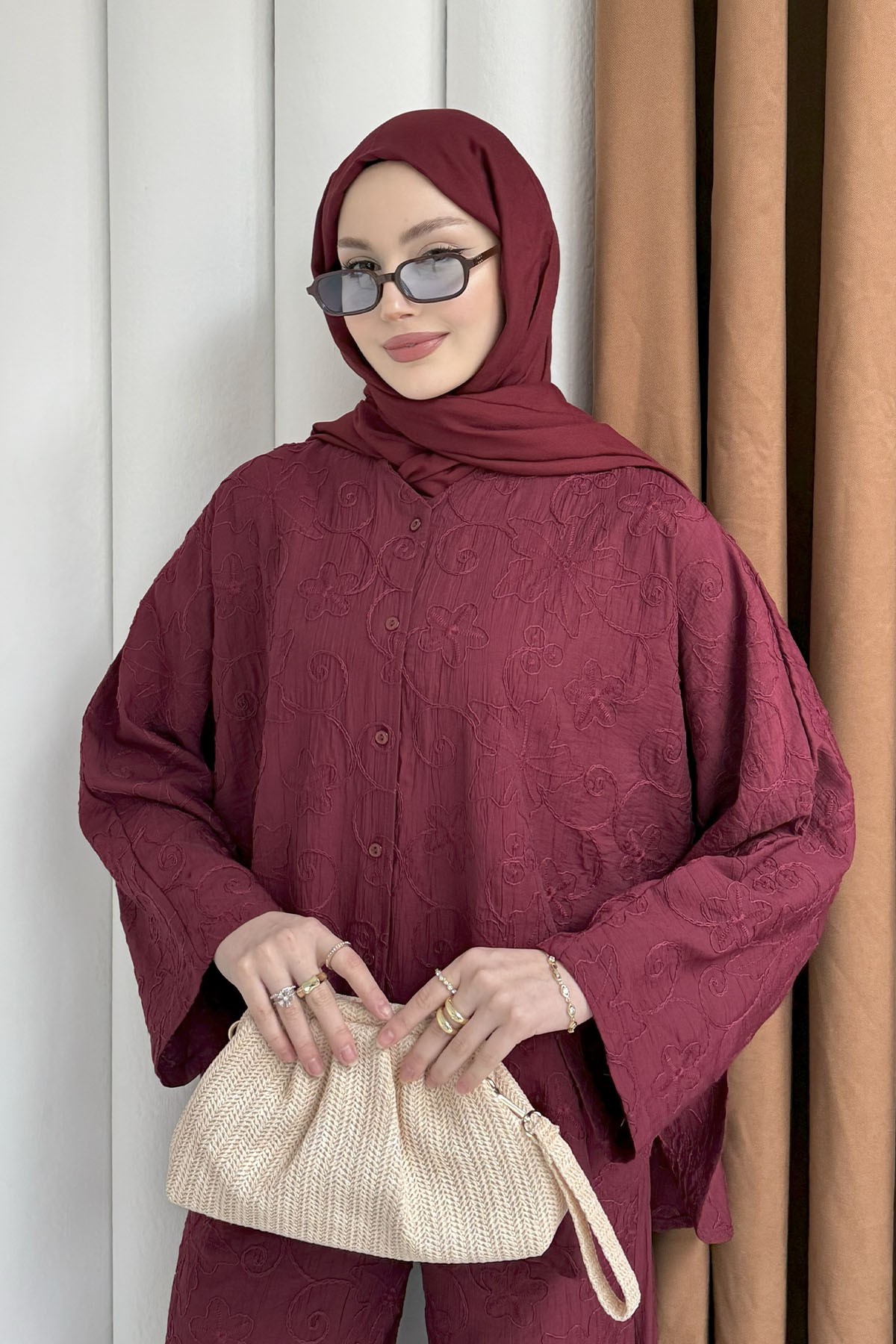 Kendinden Desenli Bel Lastikli Pantolon Tesettür Takım-BORDO