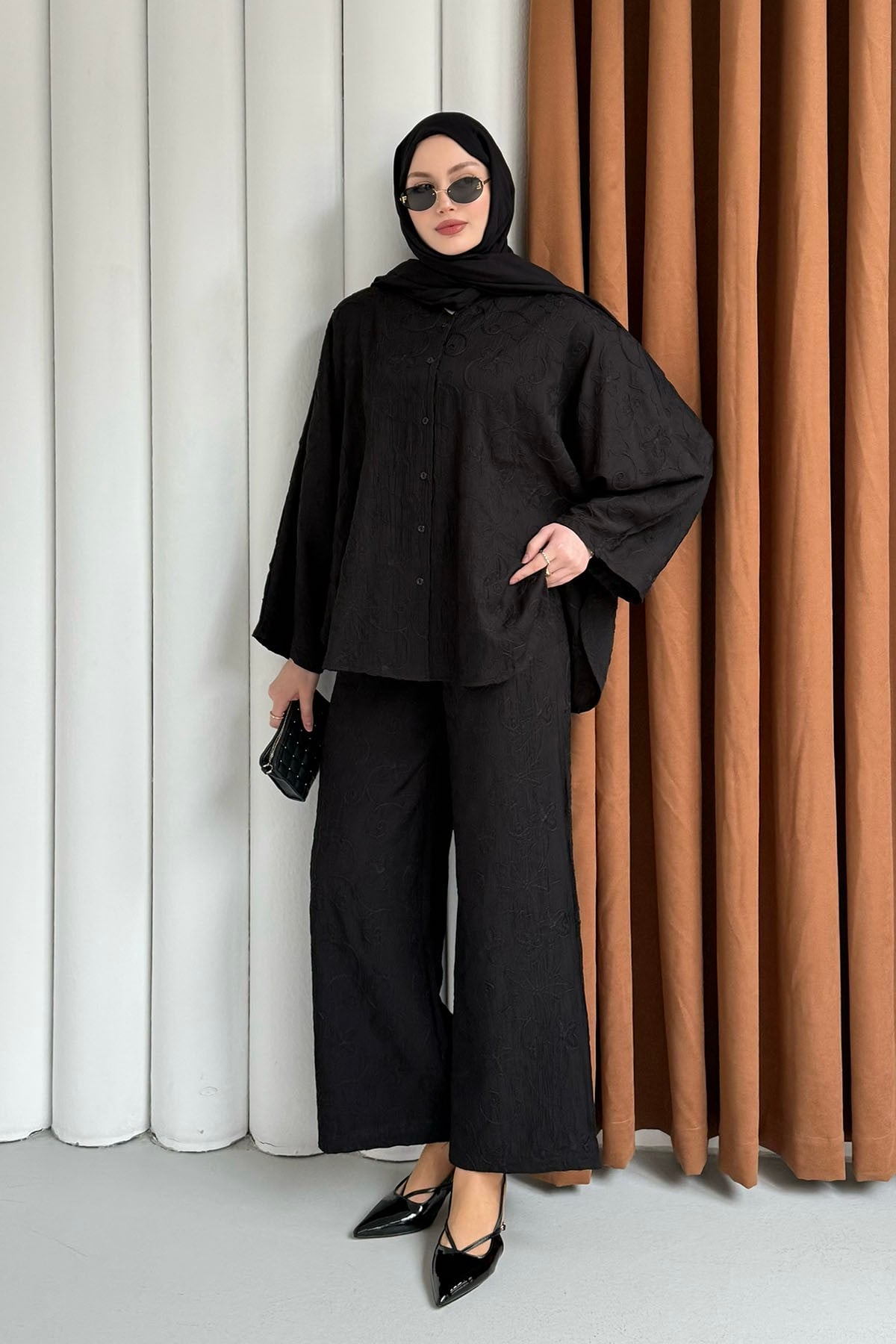 Kendinden Desenli Bel Lastikli Pantolon Tesettür Takım-SİYAH