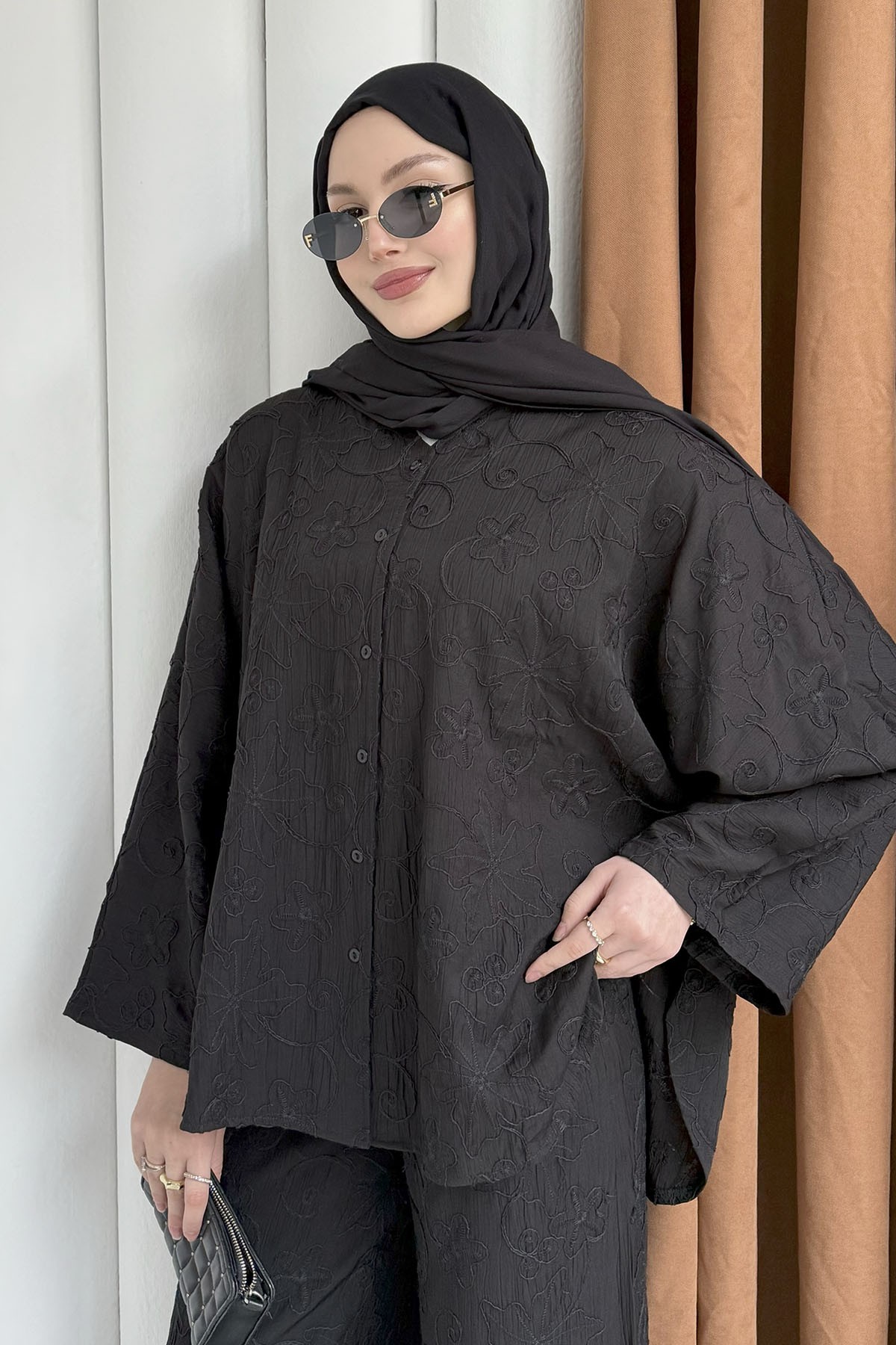 Kendinden Desenli Bel Lastikli Pantolon Tesettür Takım-SİYAH