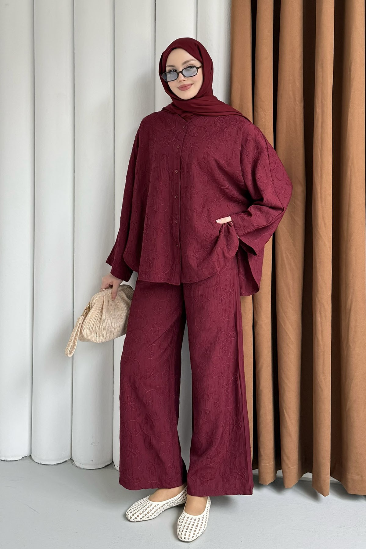 Kendinden Desenli Bel Lastikli Pantolon Tesettür Takım-BORDO