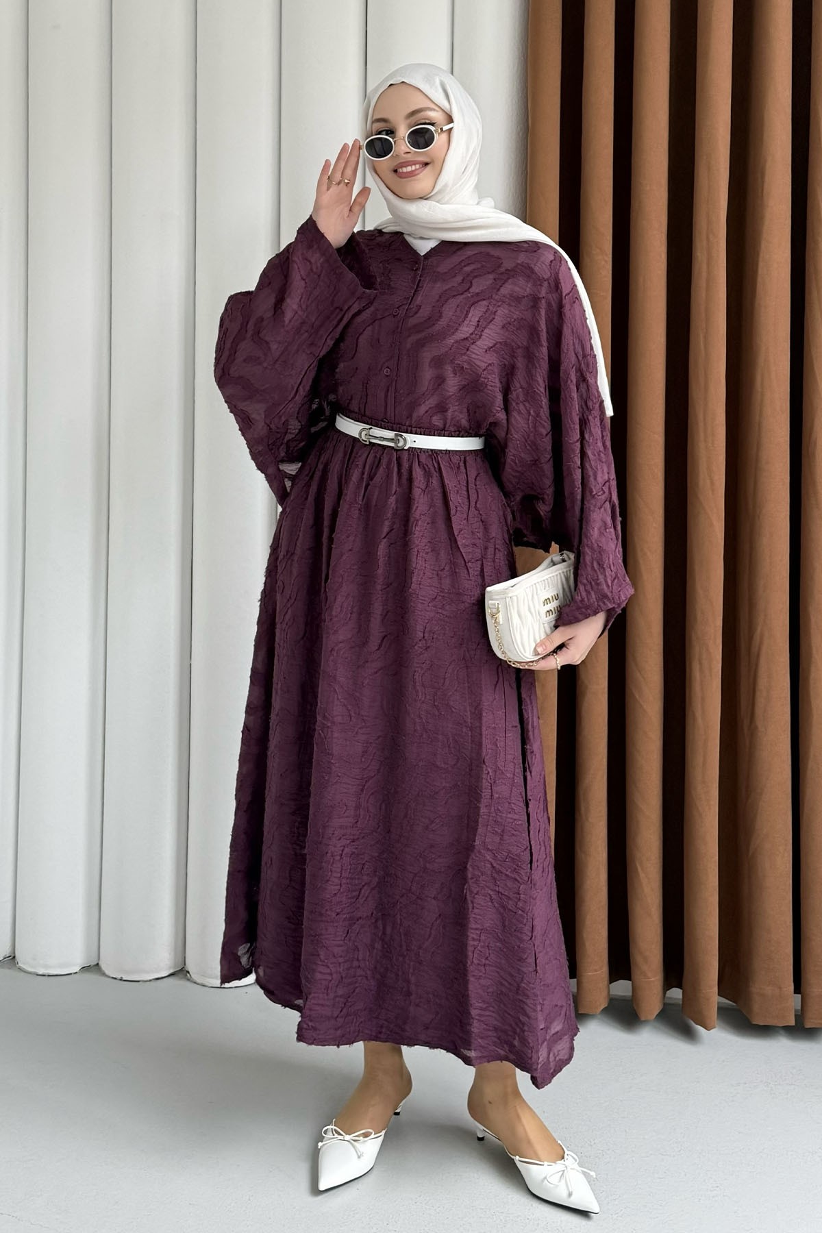 Kendinden Desenli Modal Kumaş Tesettür Takım-BORDO