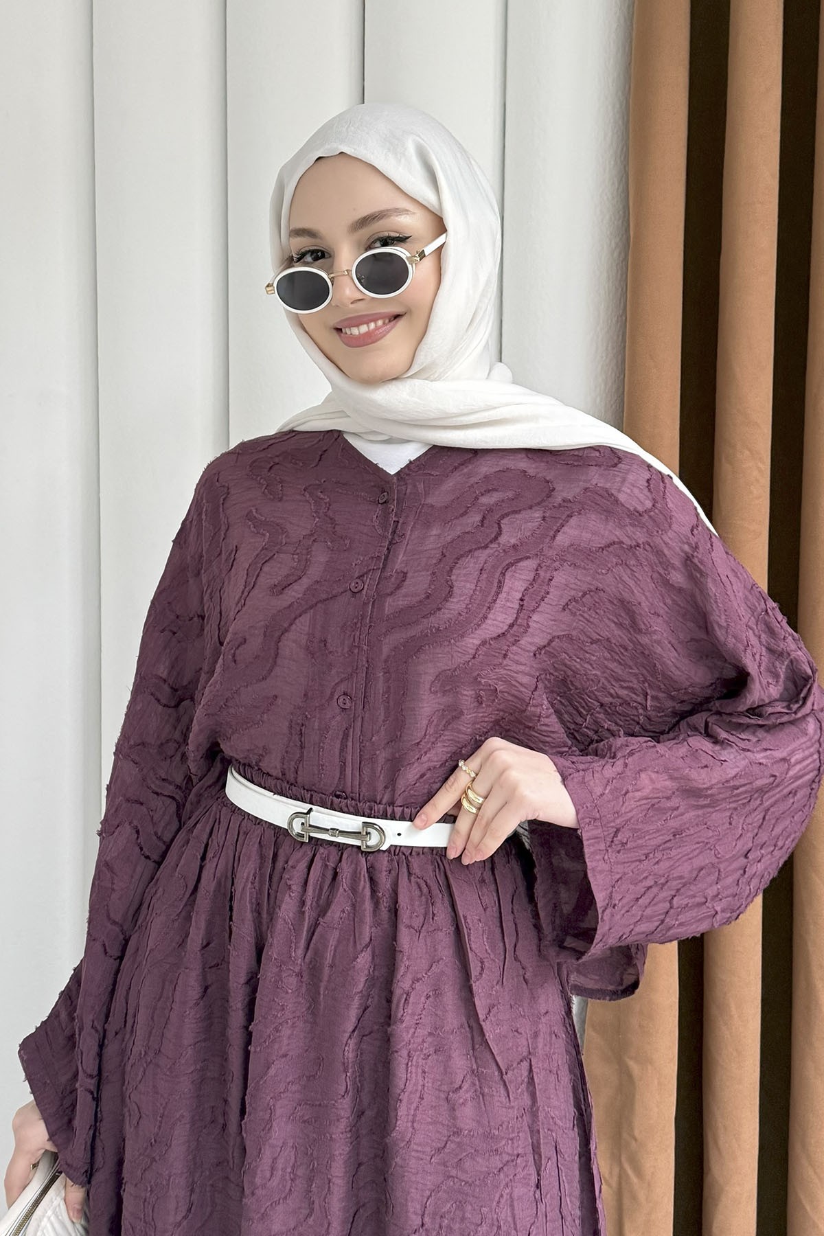 Kendinden Desenli Modal Kumaş Tesettür Takım-BORDO