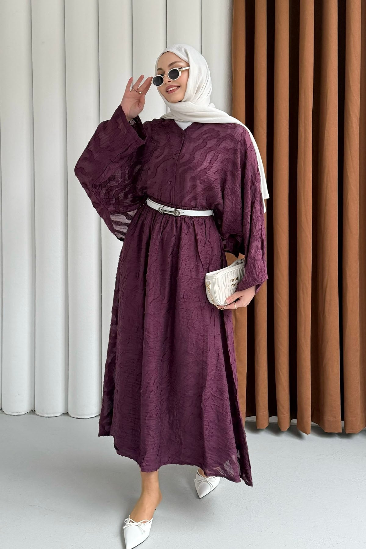 Kendinden Desenli Modal Kumaş Tesettür Takım-BORDO