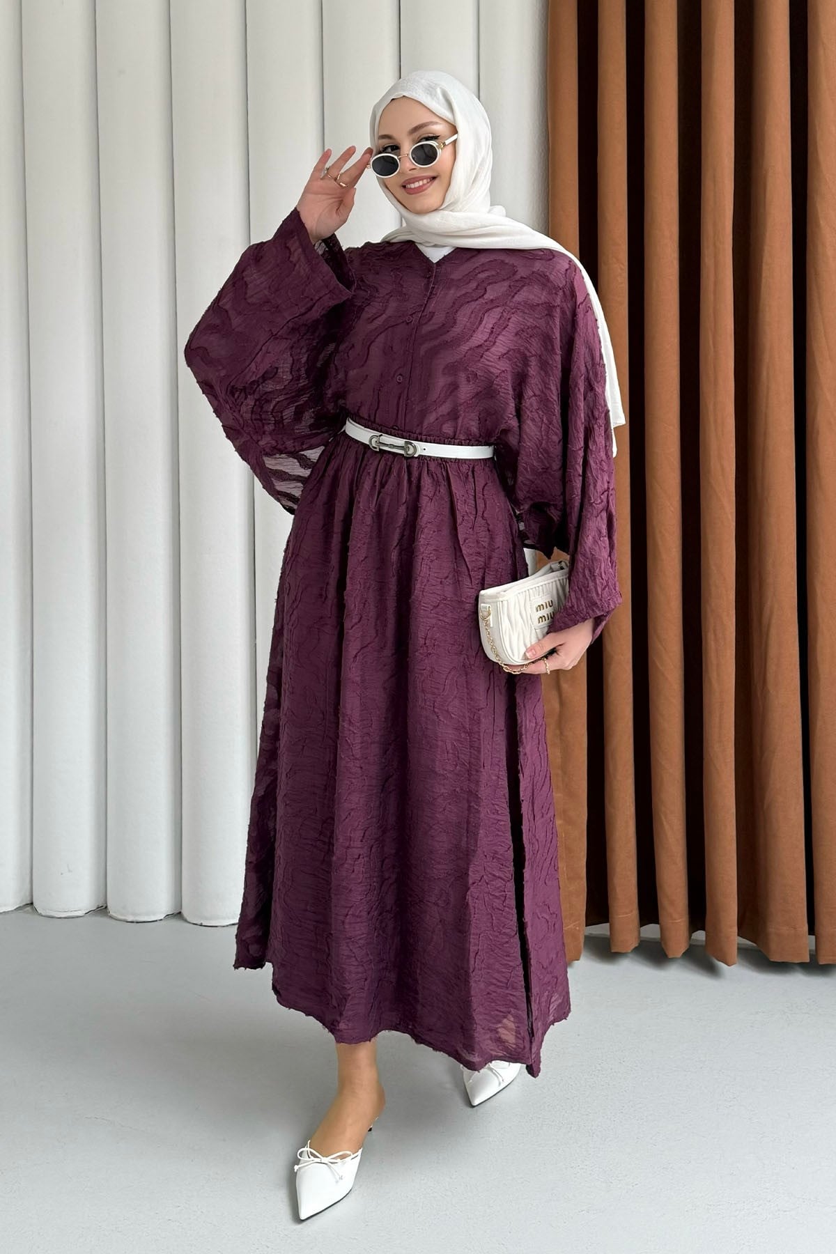 Kendinden Desenli Modal Kumaş Tesettür Takım-BORDO