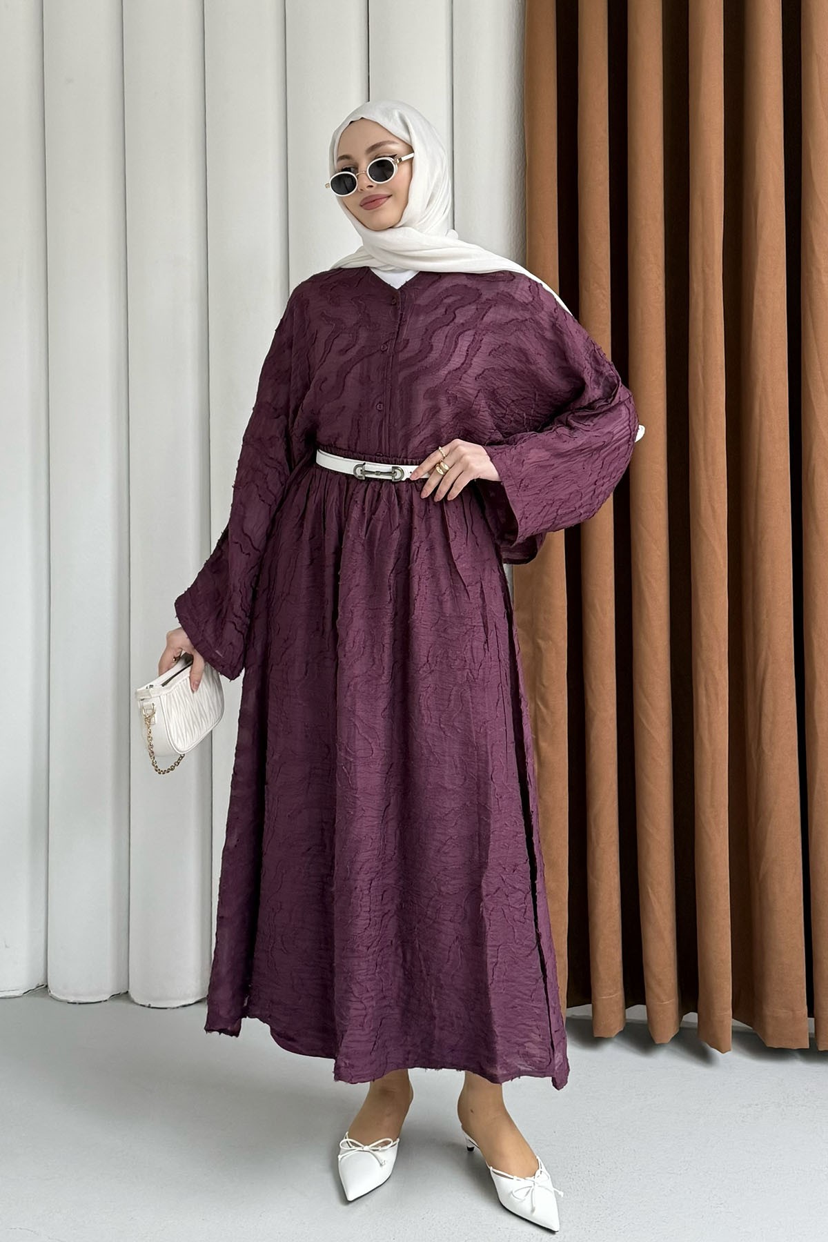 Kendinden Desenli Modal Kumaş Tesettür Takım-BORDO