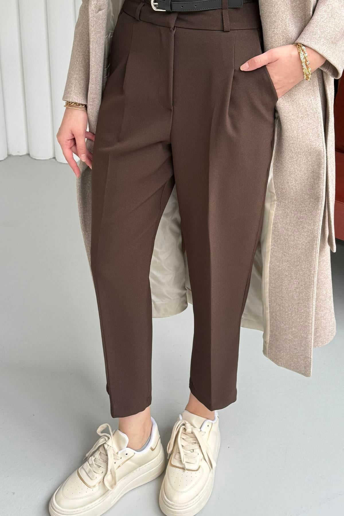 Kendinden Kemerli Kalem Pantolon-KAHVERENGİ