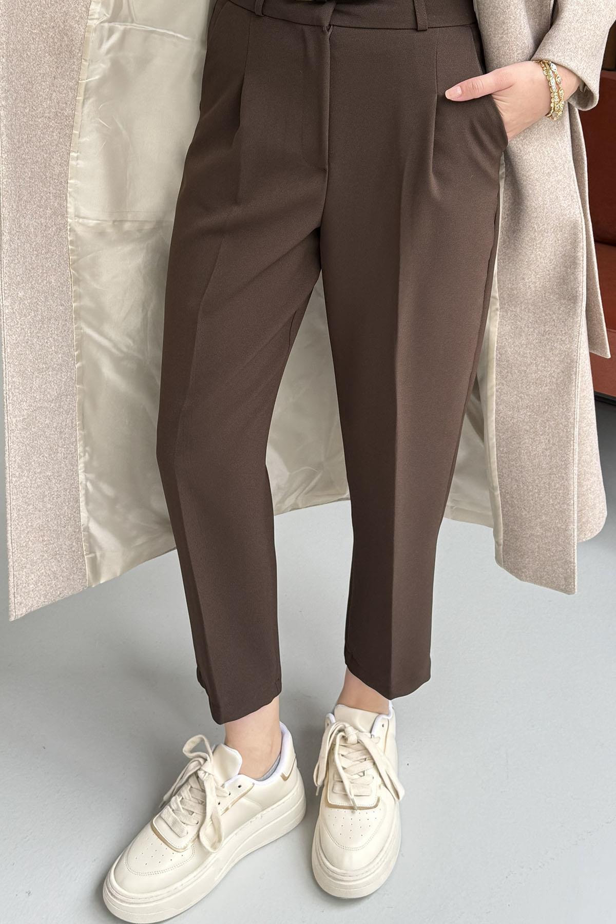 Kendinden Kemerli Kalem Pantolon-KAHVERENGİ