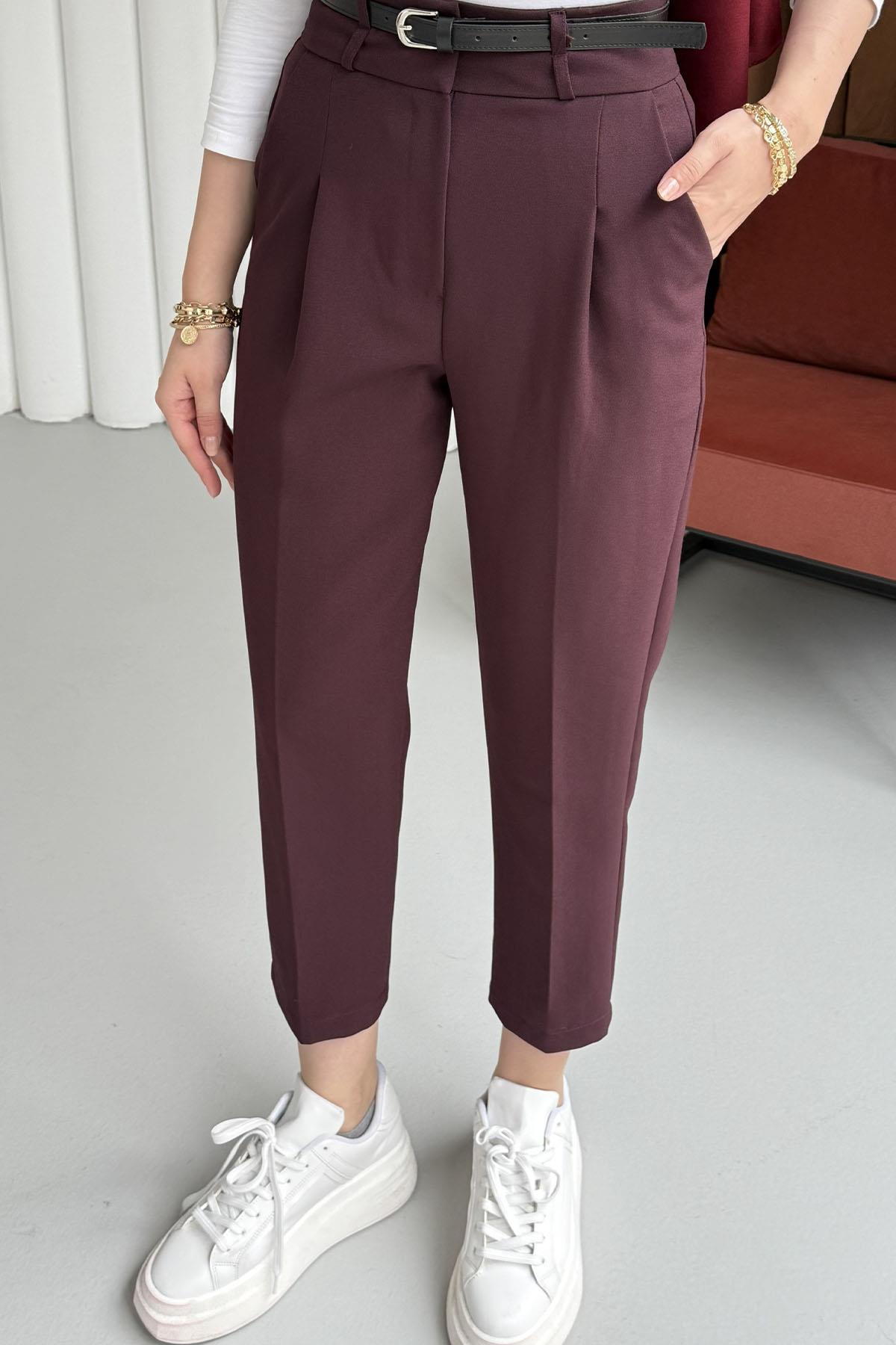 Kendinden Kemerli Kalem Pantolon-MÜRDÜM