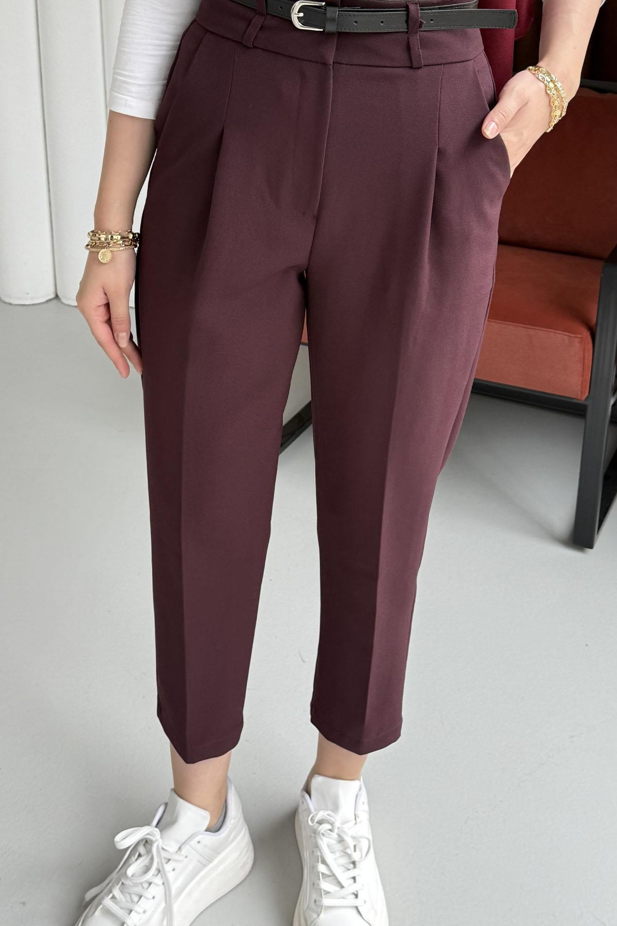 Kendinden Kemerli Kalem Pantolon-MÜRDÜM