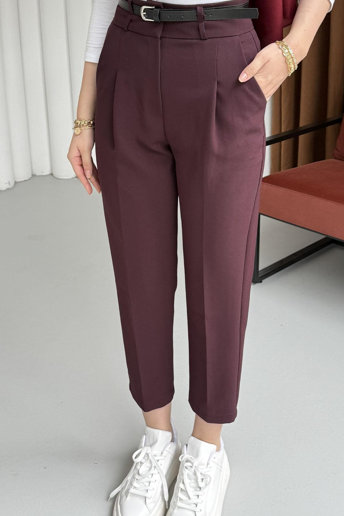 Kendinden Kemerli Kalem Pantolon-MÜRDÜM