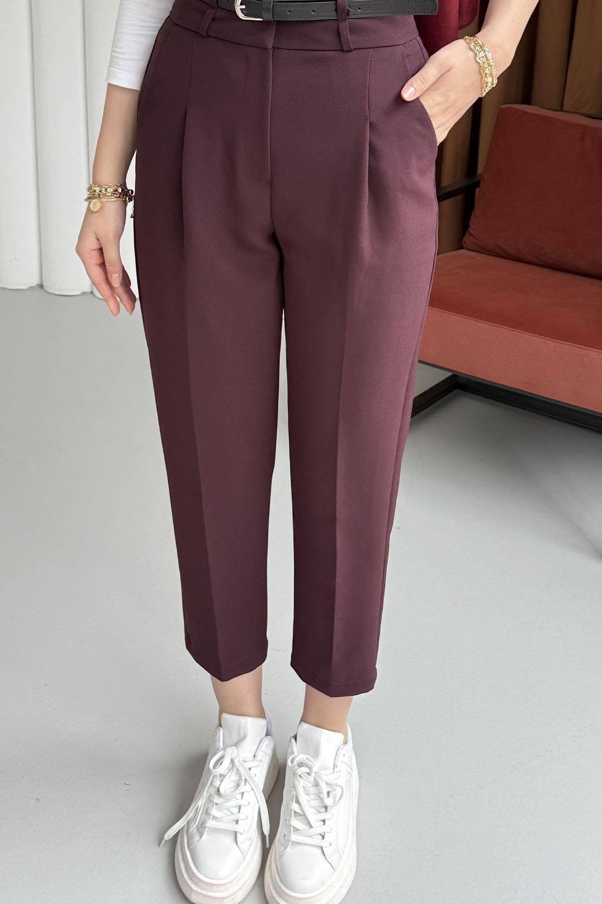 Kendinden Kemerli Kalem Pantolon-MÜRDÜM