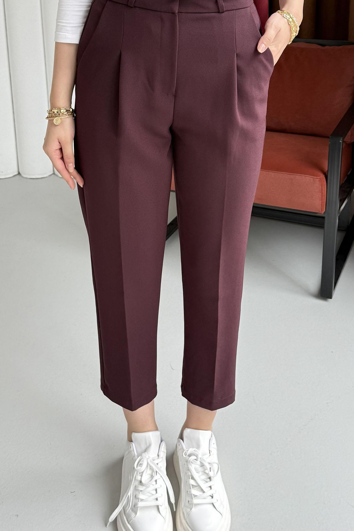 Kendinden Kemerli Kalem Pantolon-MÜRDÜM