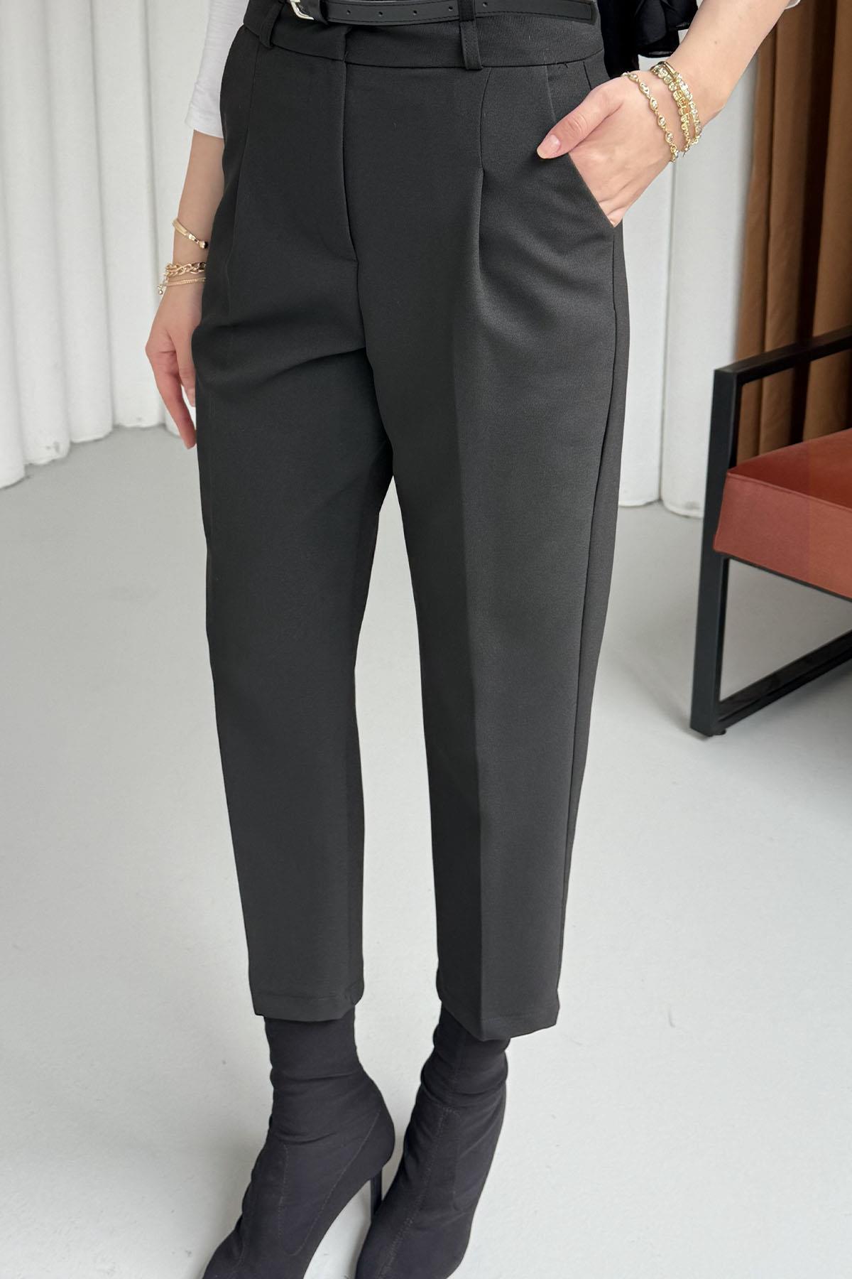 Kendinden Kemerli Kalem Pantolon-SİYAH