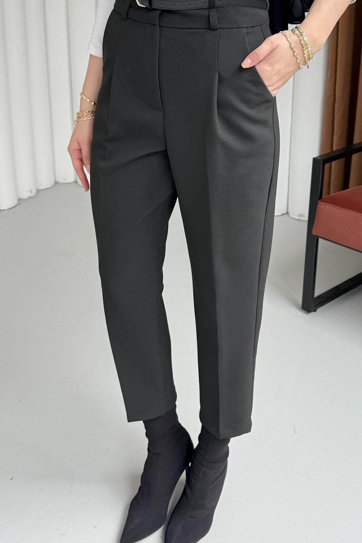 Kendinden Kemerli Kalem Pantolon-SİYAH