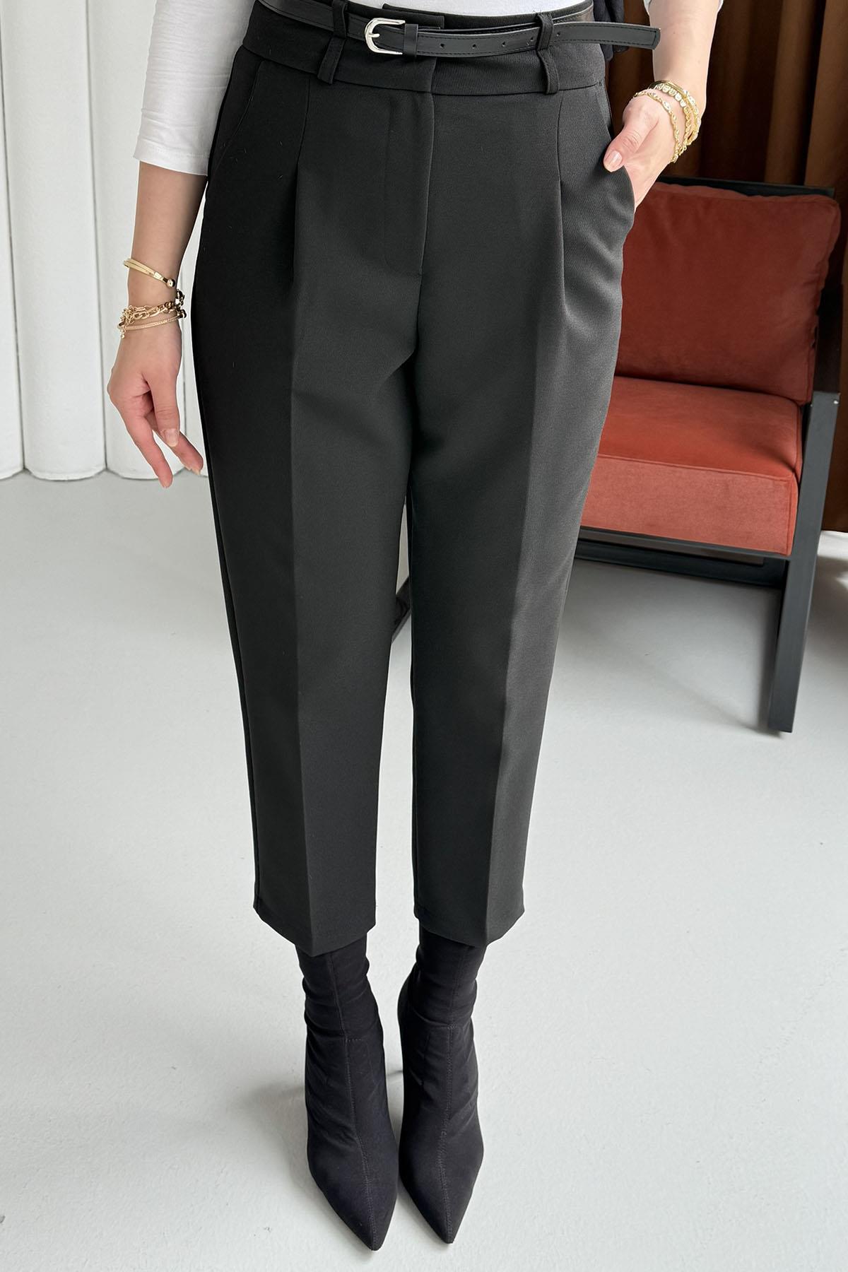 Kendinden Kemerli Kalem Pantolon-SİYAH