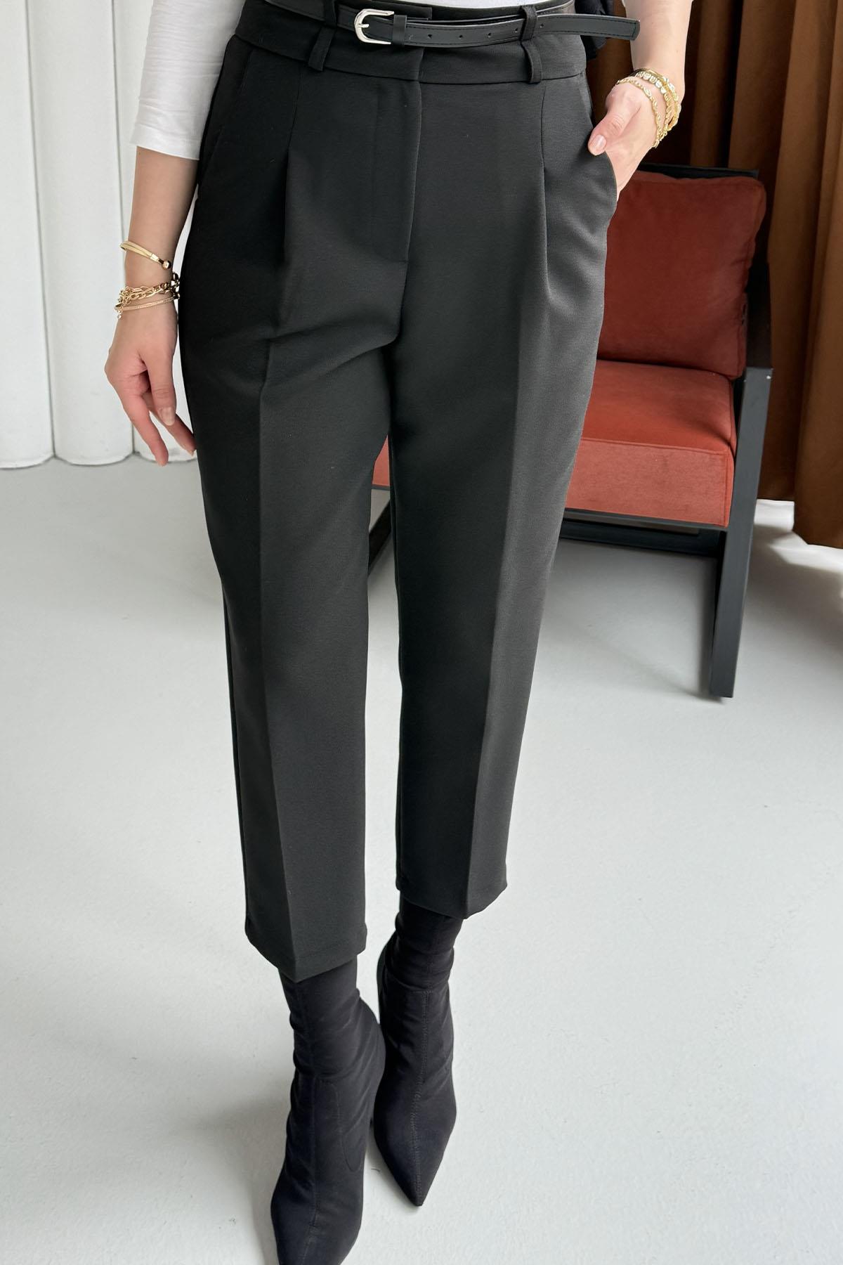 Kendinden Kemerli Kalem Pantolon-SİYAH