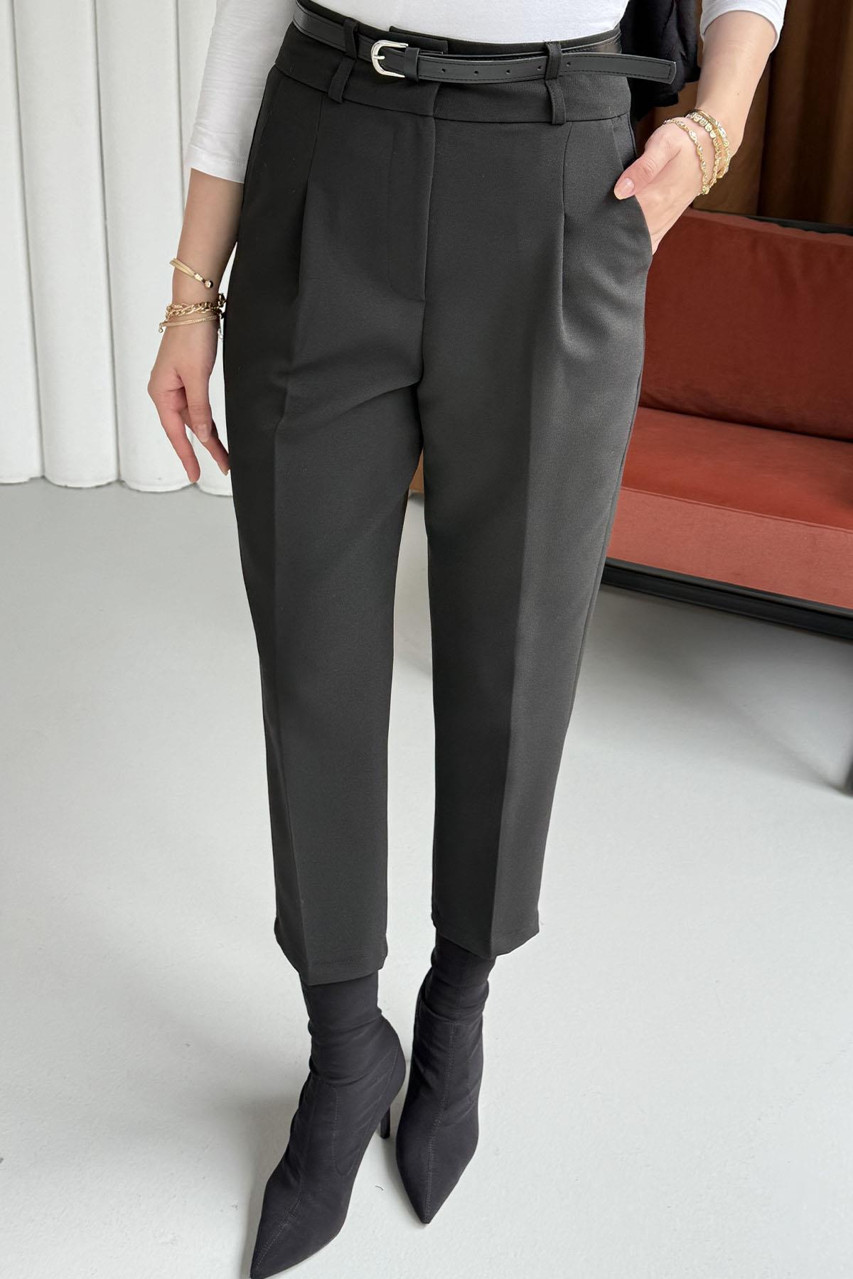 Kendinden Kemerli Kalem Pantolon-SİYAH