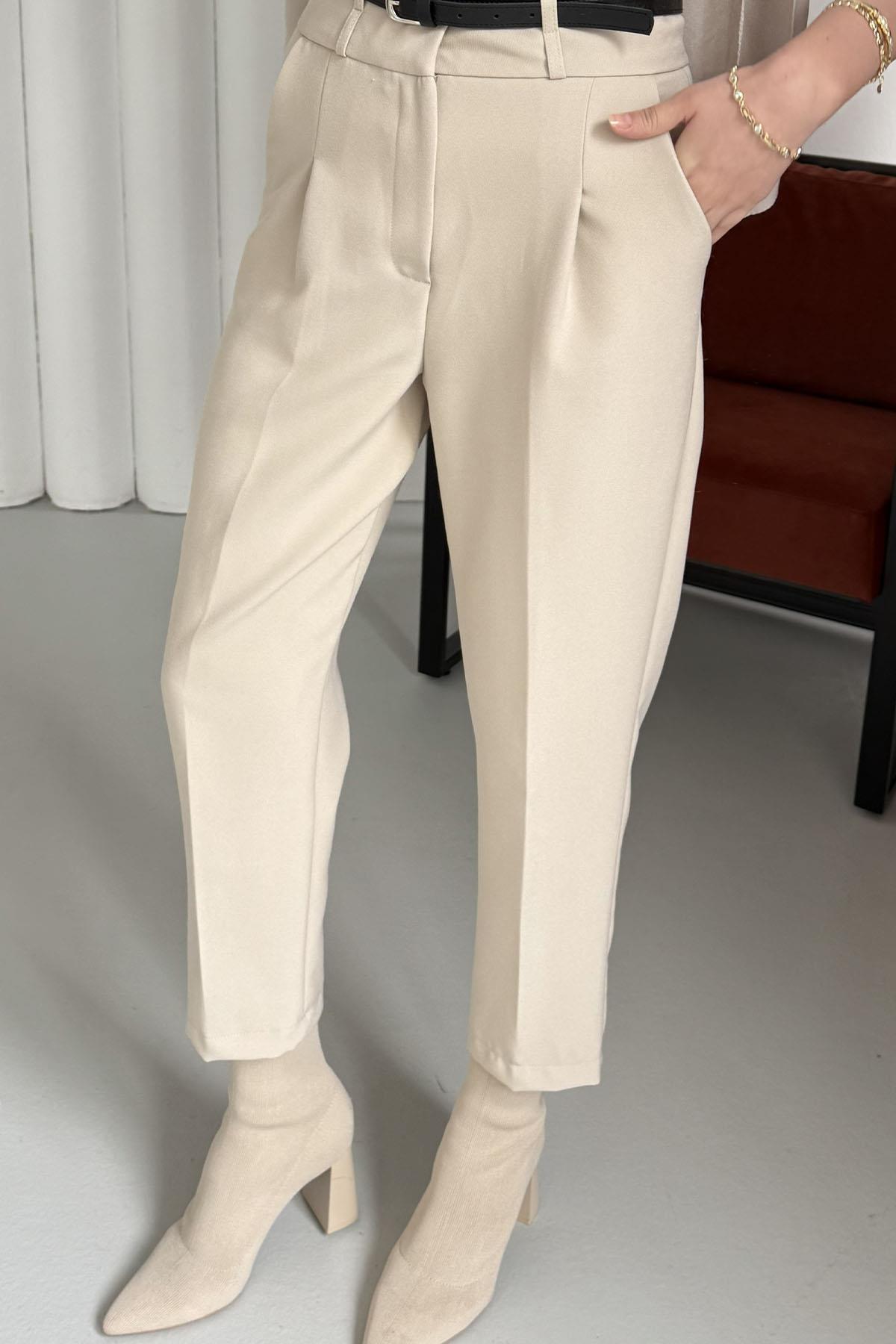 Kendinden Kemerli Kalem Pantolon-TAŞ