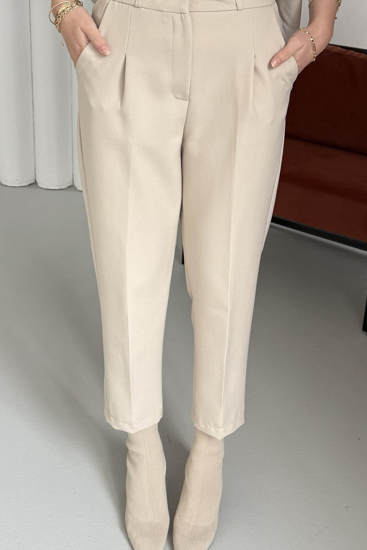 Kendinden Kemerli Kalem Pantolon-TAŞ