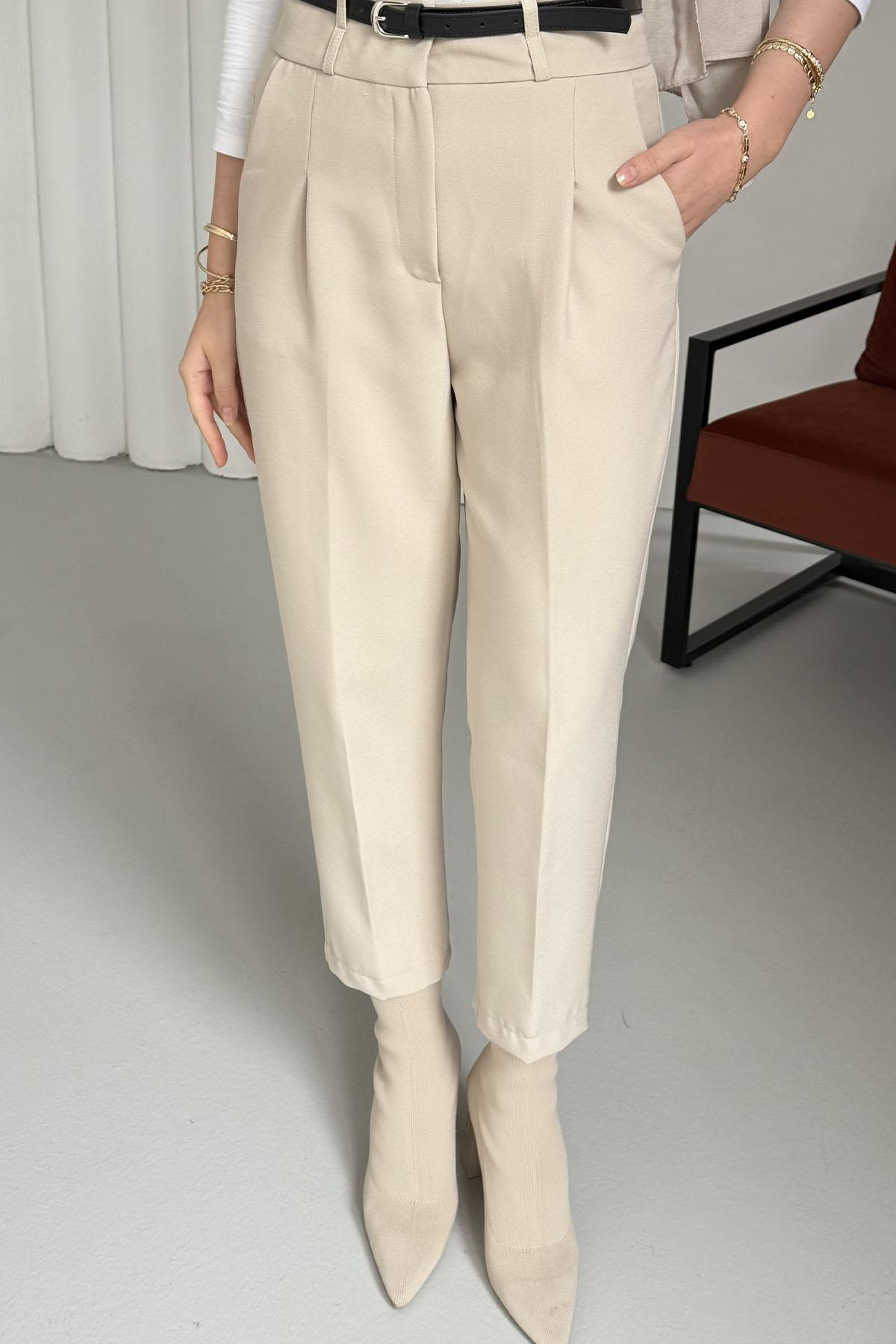 Kendinden Kemerli Kalem Pantolon-TAŞ