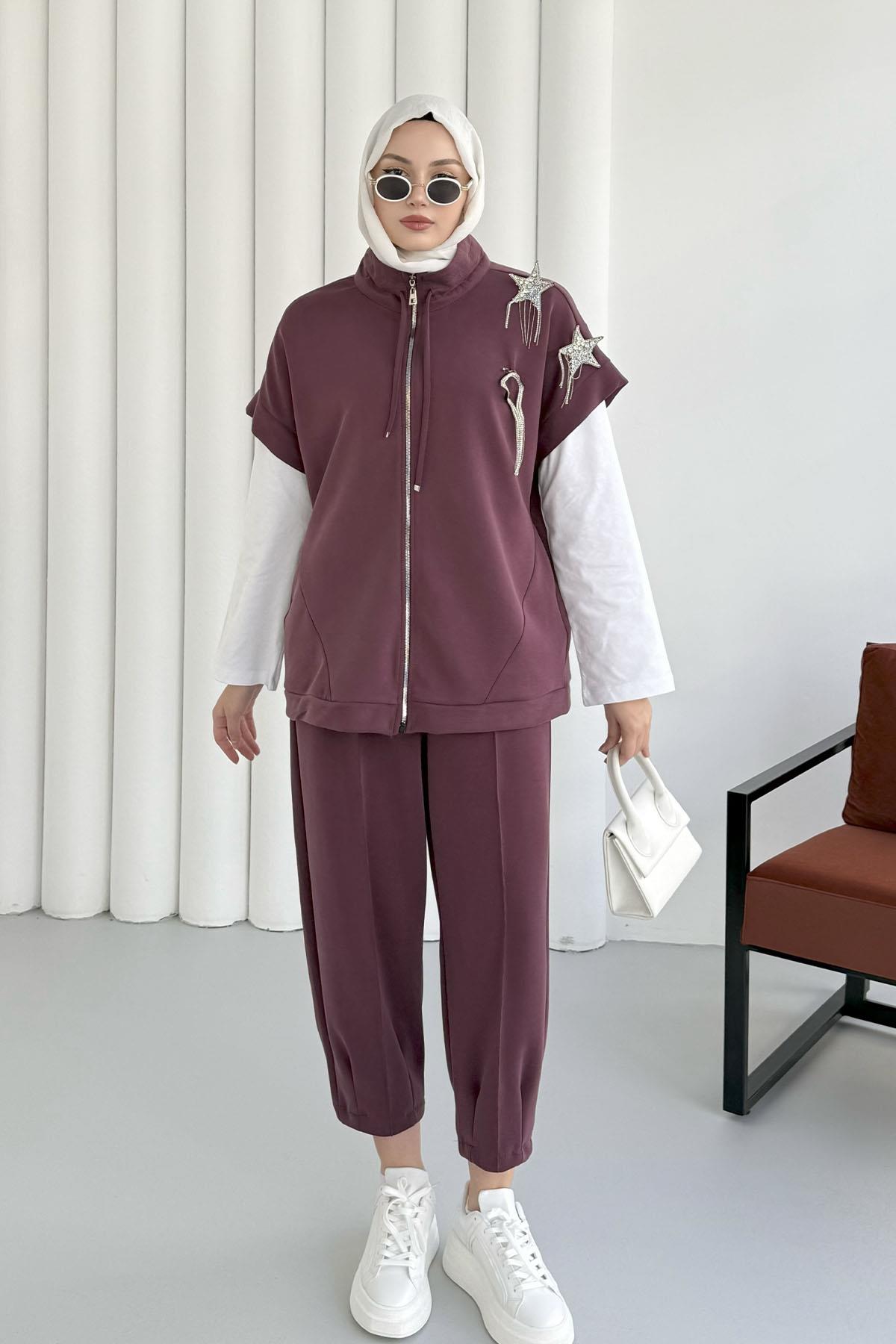 Kısa Kol Yıldız Aksesuarlı Bomber Yelek-BORDO