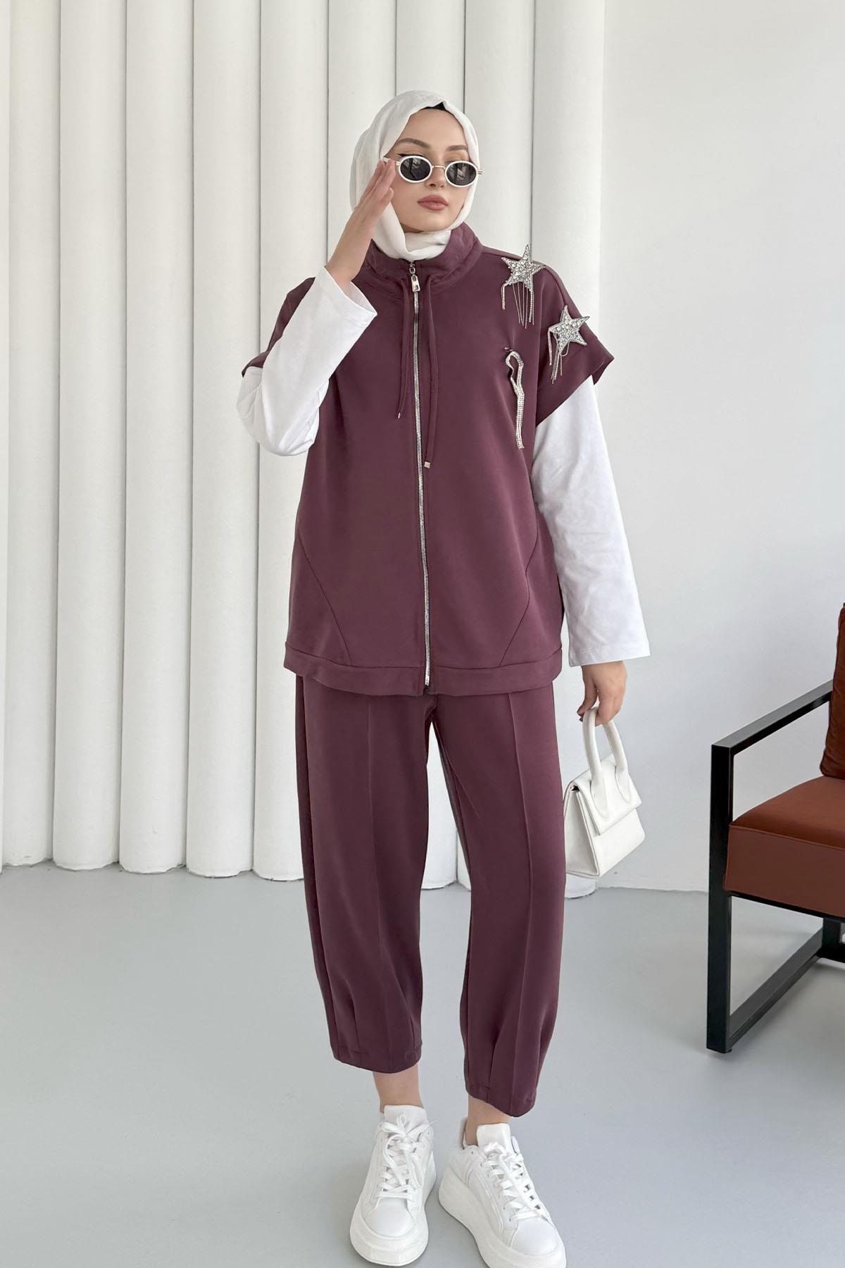 Kısa Kol Yıldız Aksesuarlı Bomber Yelek-BORDO