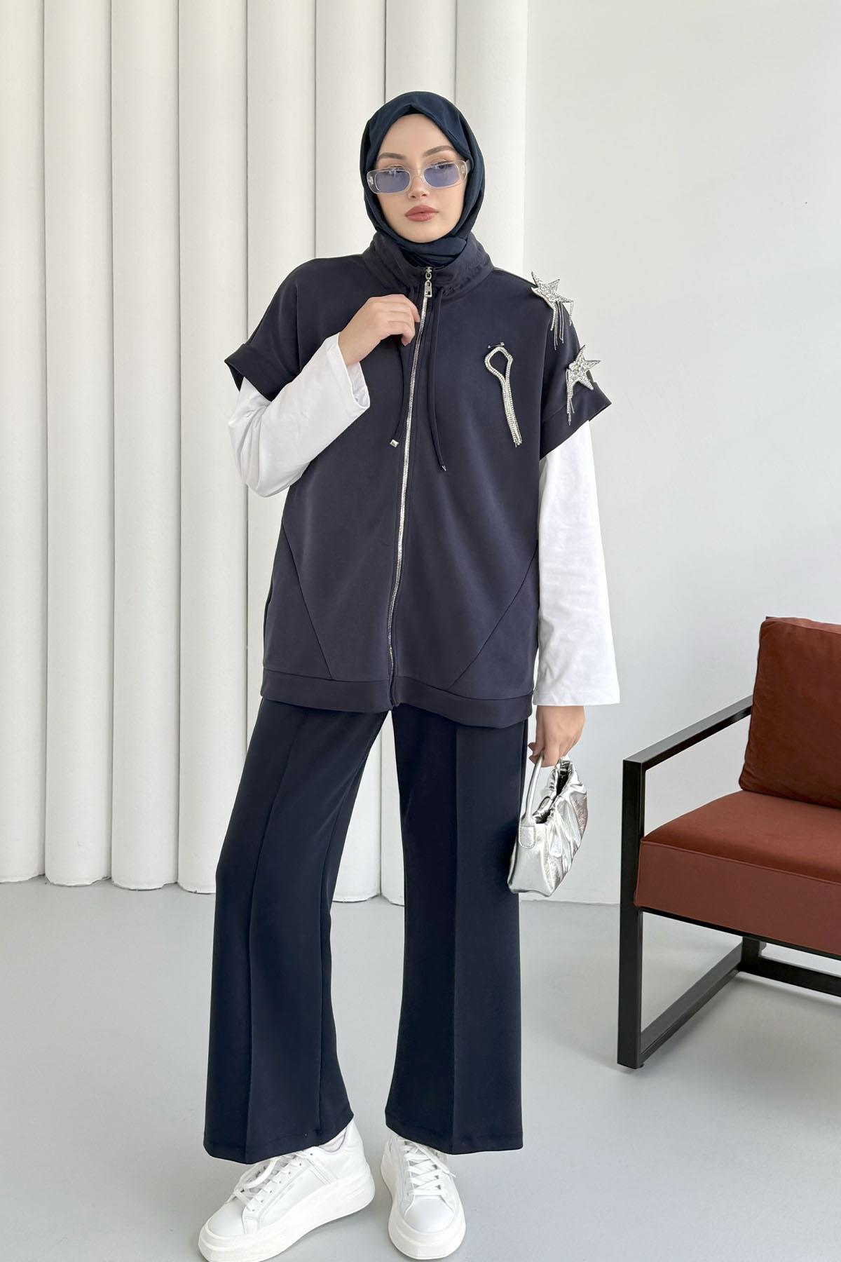 Kısa Kol Yıldız Aksesuarlı Bomber Yelek-LACİVERT