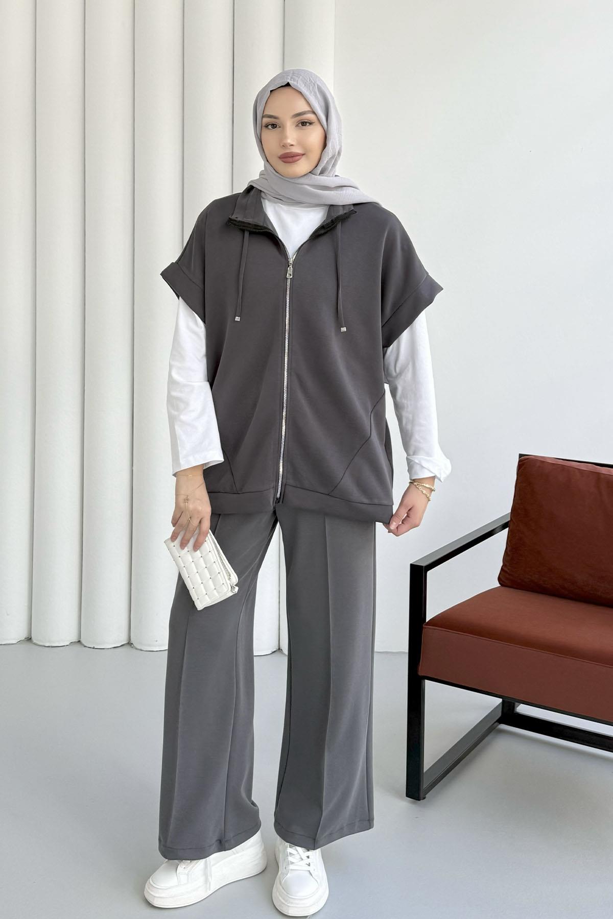 Kısa Kol Yıldız Aksesuarlı Bomber Yelek-ANTRASİT