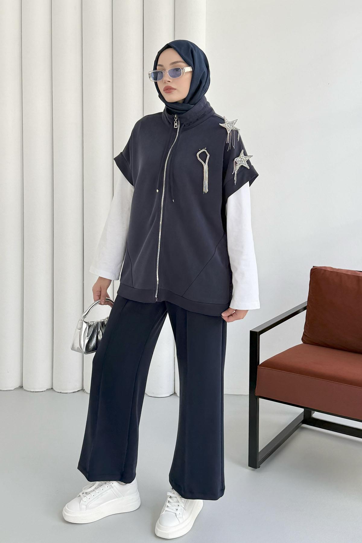 Kısa Kol Yıldız Aksesuarlı Bomber Yelek-LACİVERT