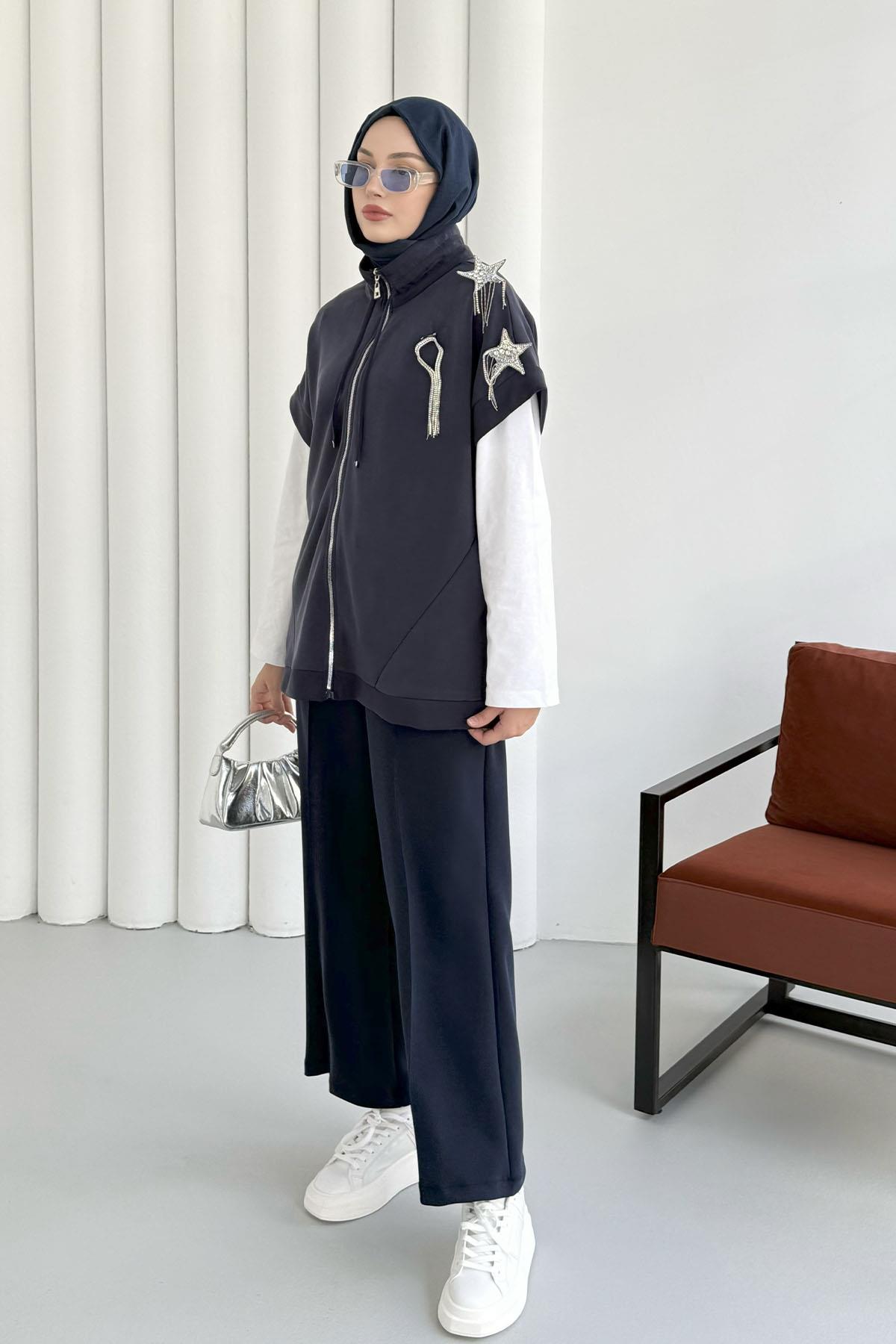 Kısa Kol Yıldız Aksesuarlı Bomber Yelek-LACİVERT