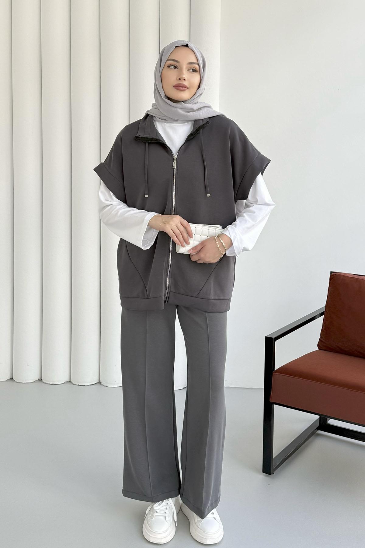 Kısa Kol Yıldız Aksesuarlı Bomber Yelek-ANTRASİT