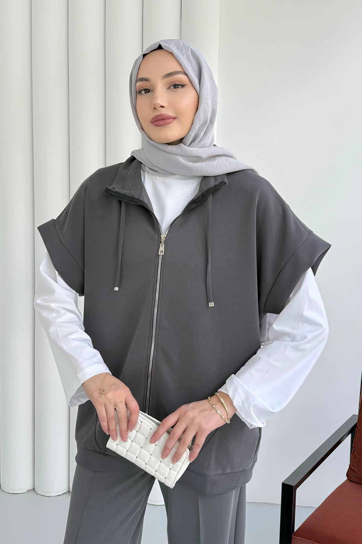 Kısa Kol Yıldız Aksesuarlı Bomber Yelek-ANTRASİT