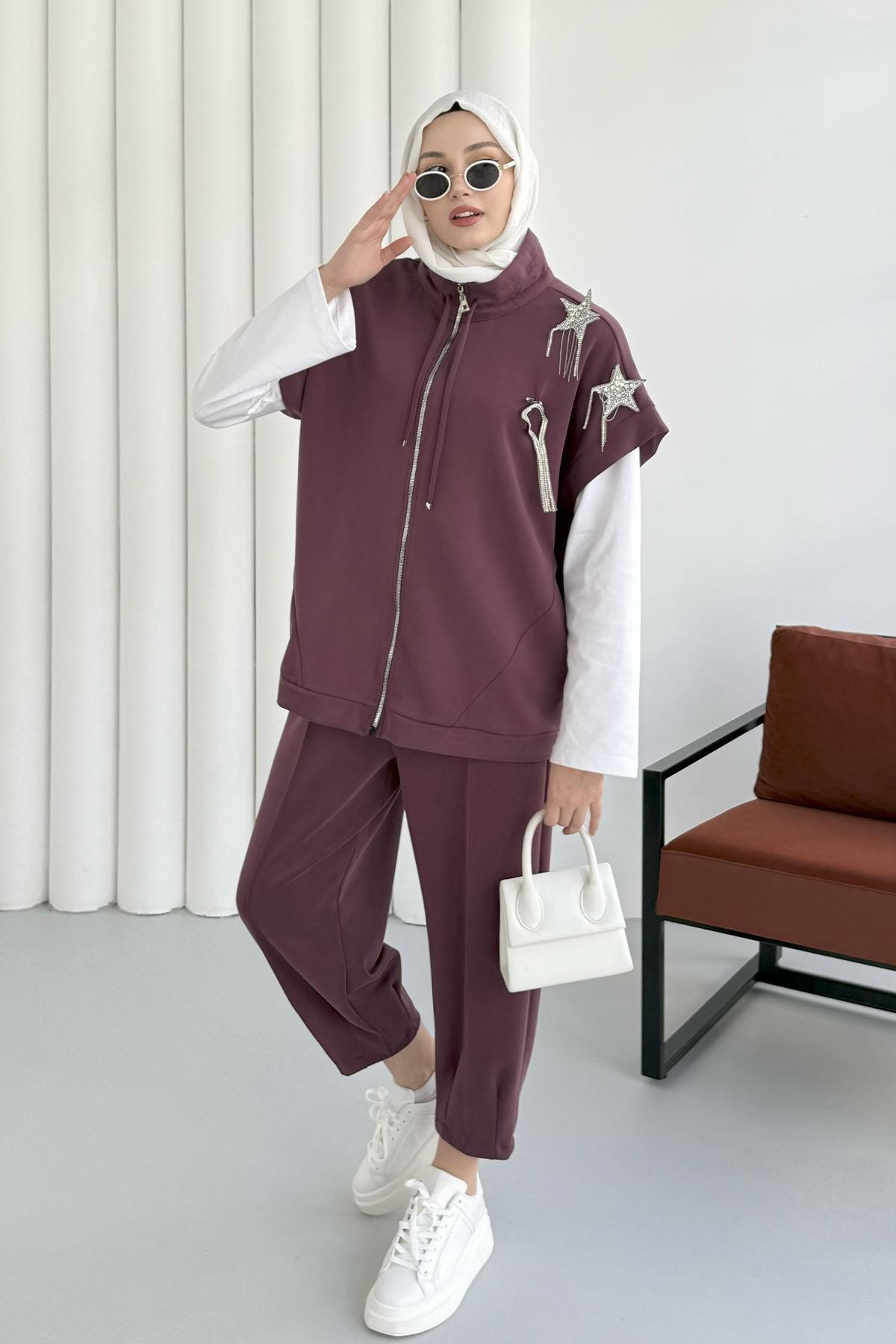 Kısa Kol Yıldız Aksesuarlı Bomber Yelek-BORDO