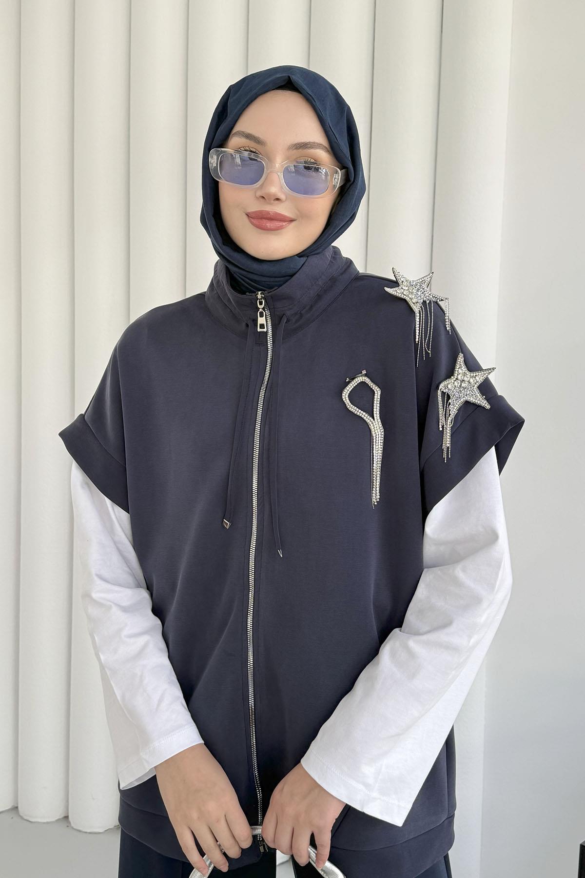 Kısa Kol Yıldız Aksesuarlı Bomber Yelek-LACİVERT