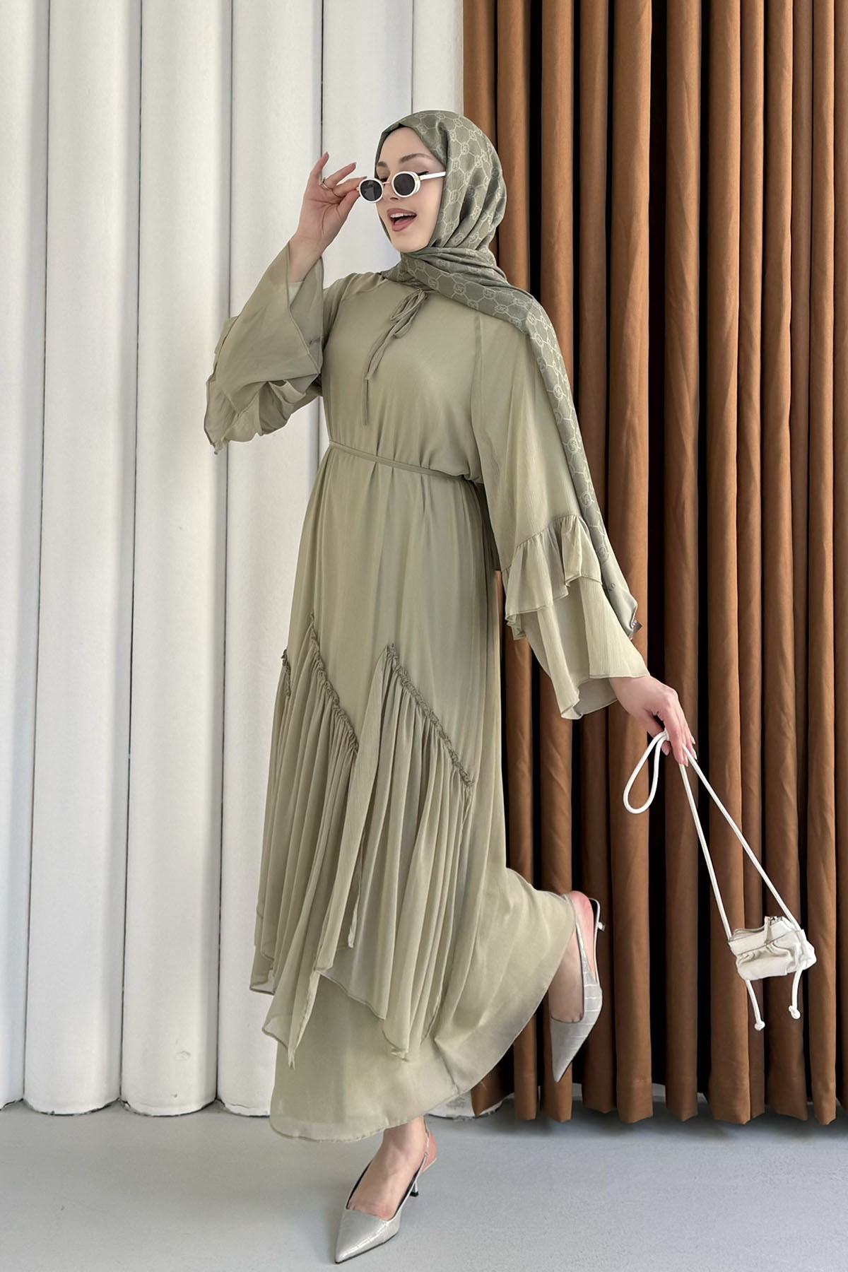 Kol Ve Etek Ucu Fırfırlı Tesettüe Elbise-MİNT YEŞİLİ