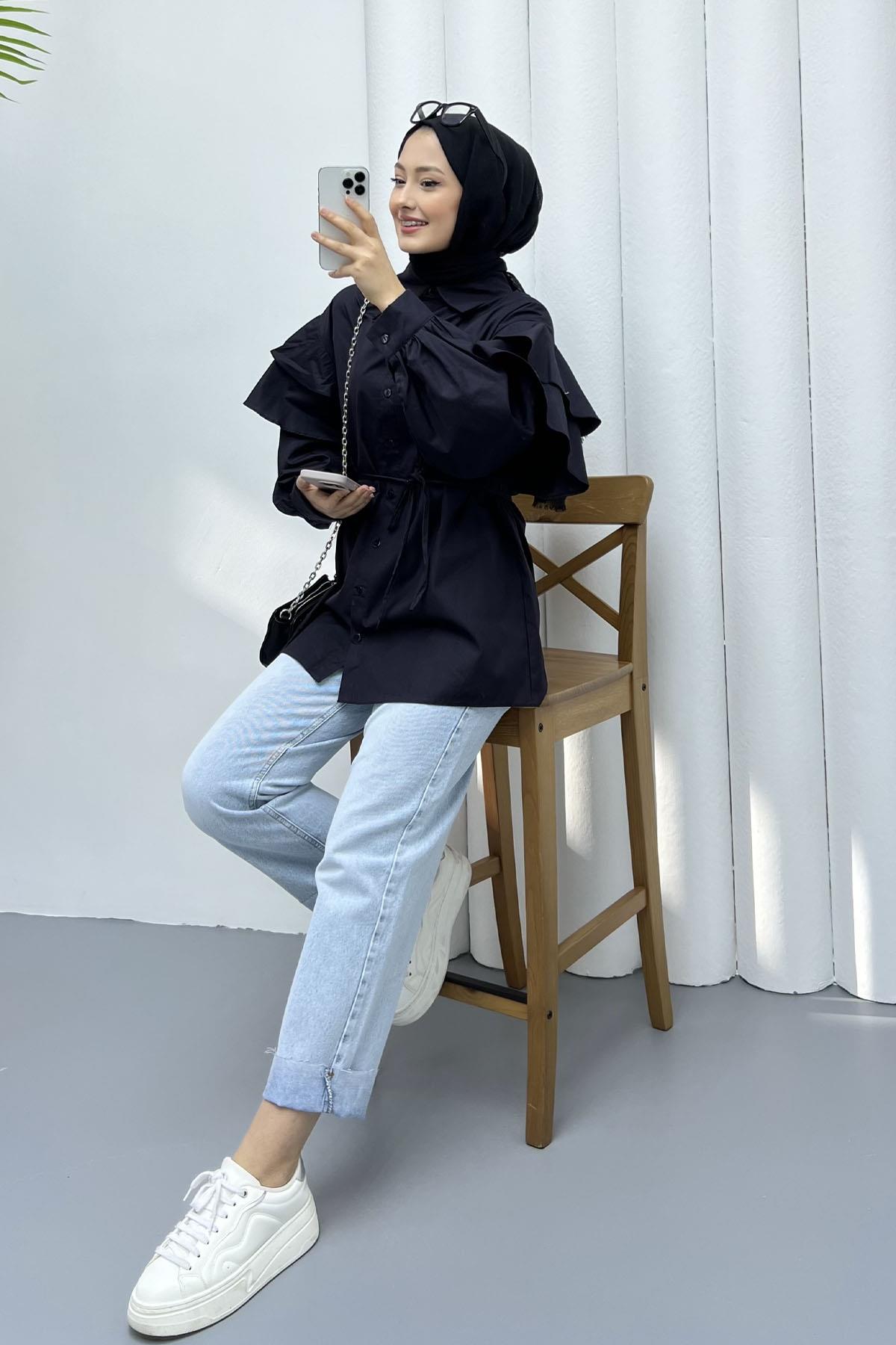 Kolları Kat Kat Detay Gömlek-SİYAH