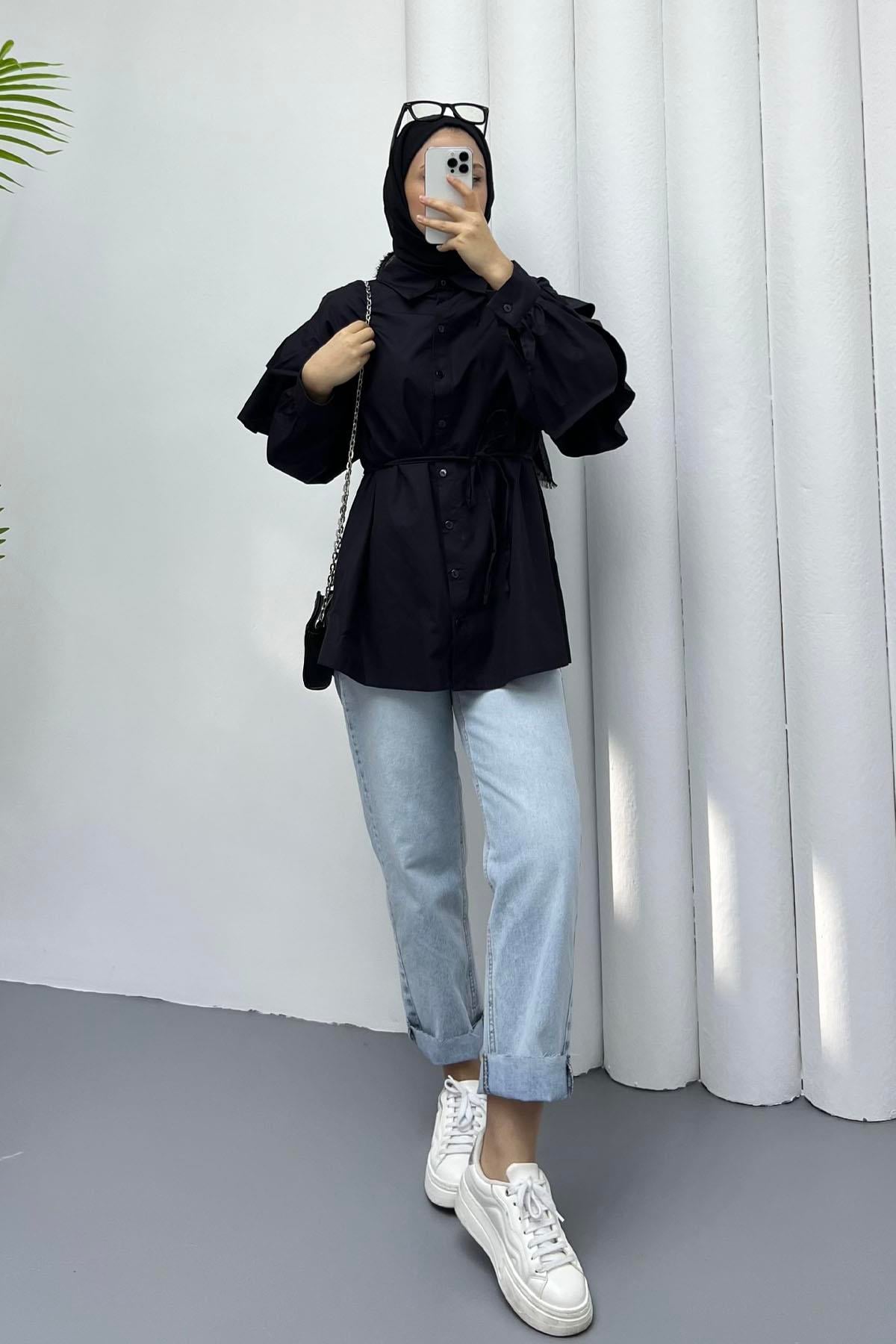 Kolları Kat Kat Detay Gömlek-SİYAH