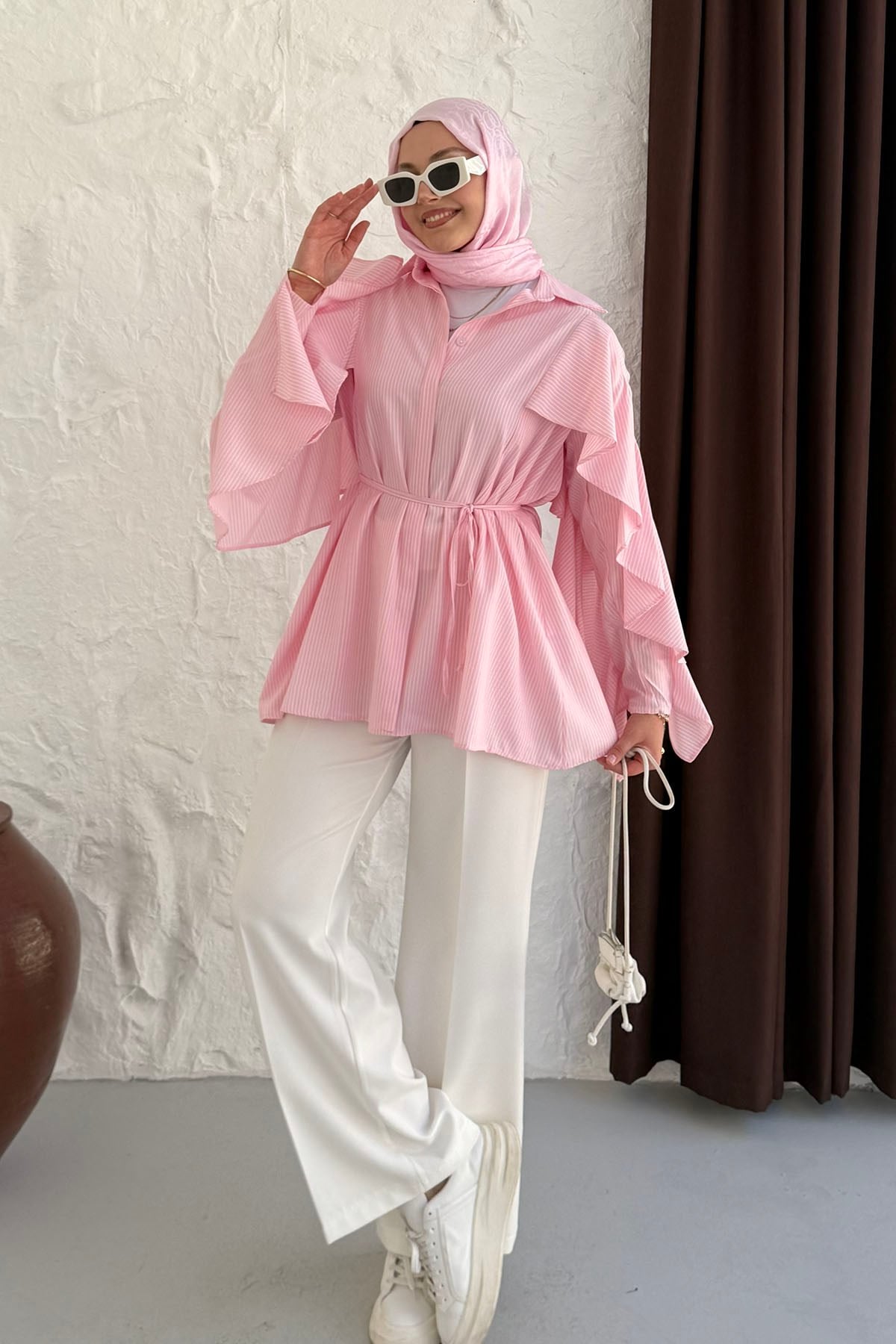 Kolu Volan Detaylı Çizgili Gömlek-PEMBE